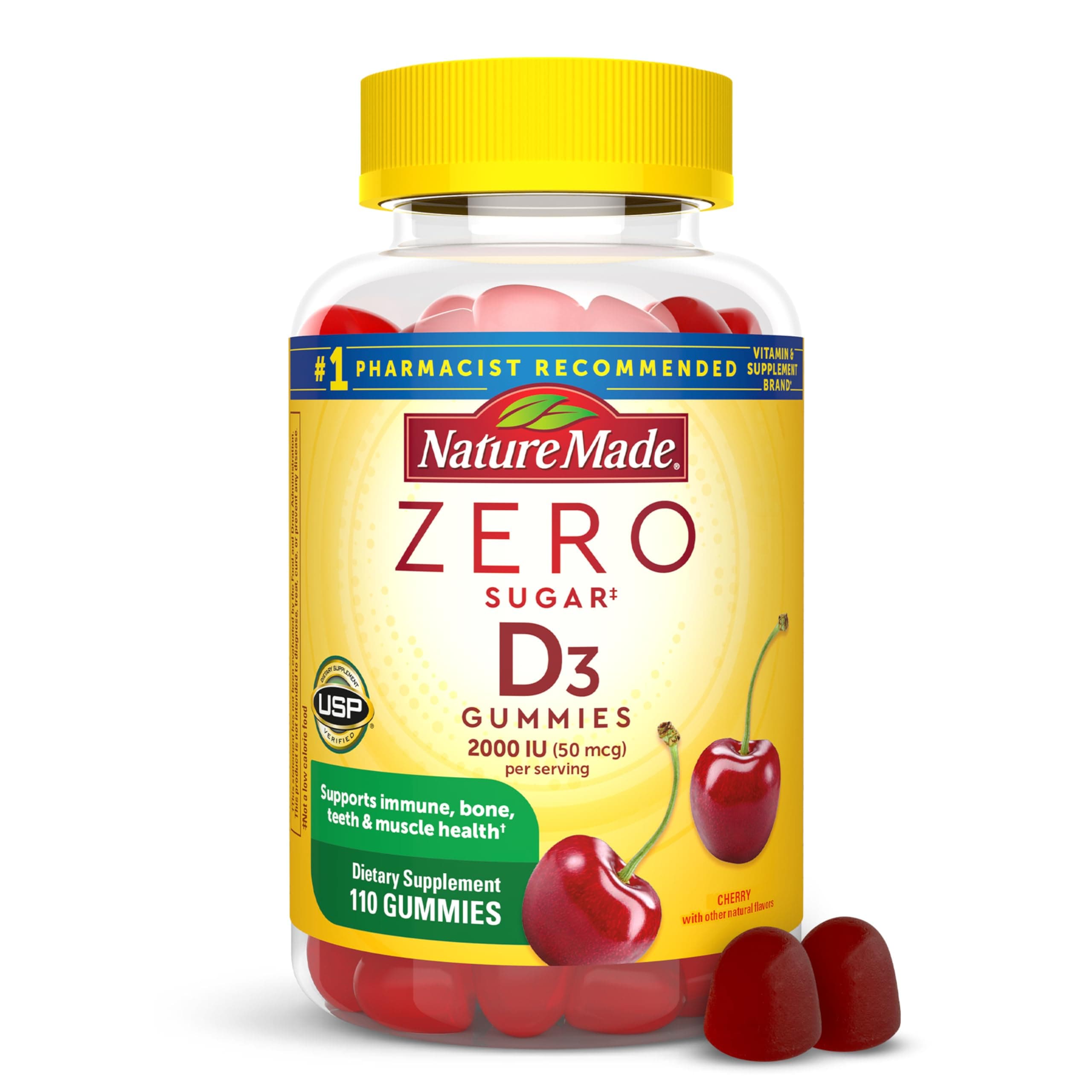 Zero Sugar Vitamin D3 Gummies 2000 IU (50 mcg) per Serving, Immune, Bone, Teeth & Muscle Support Supplement, 110 Sugar Free Vitamin D Gummies, 55 Day Supply