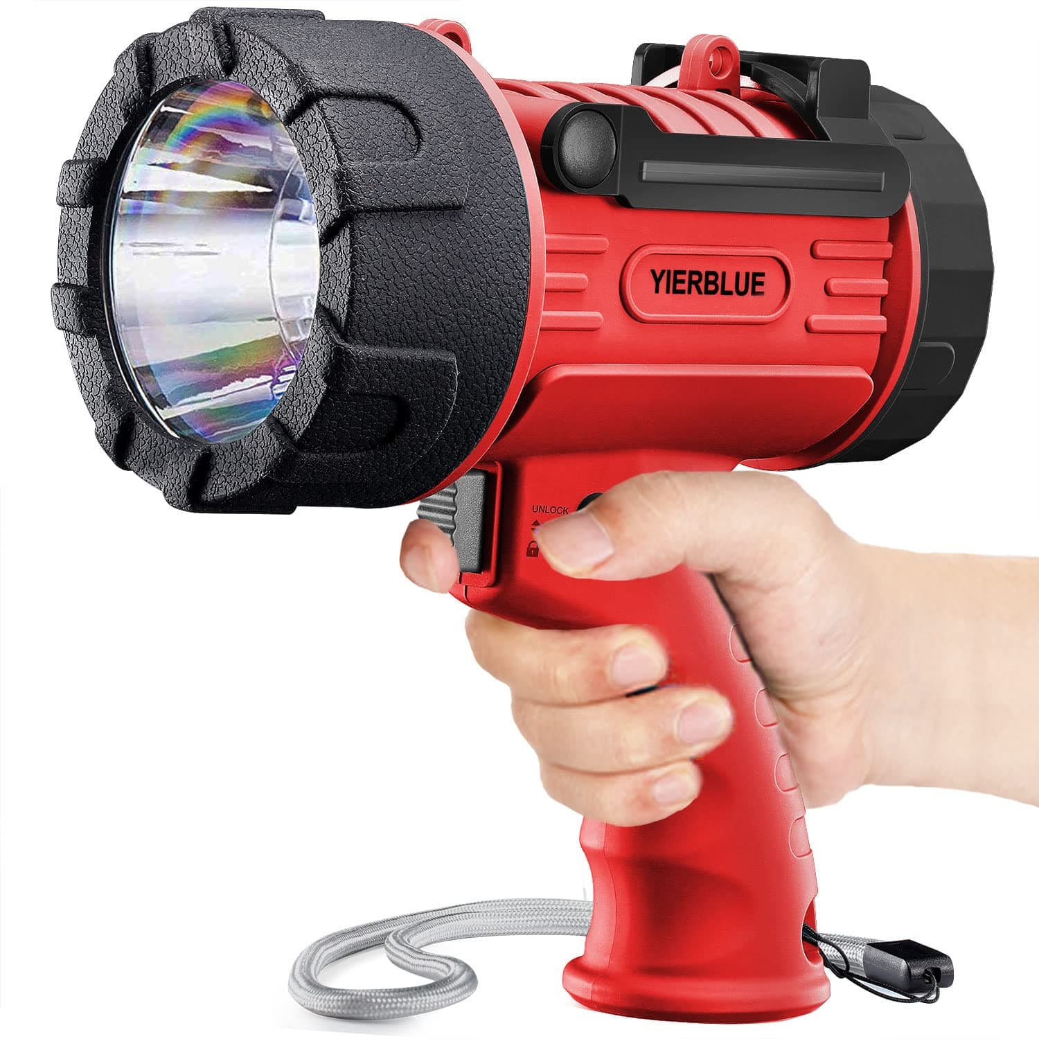 YIERBLUE Rechargeable Spotlight Flashlight with 2000,000 High Lumen LED, IP67 Waterproof Long Running Spot Light searchlight, Impact Resistant Handheld Spotlight with Foldable Stand and Red Lens