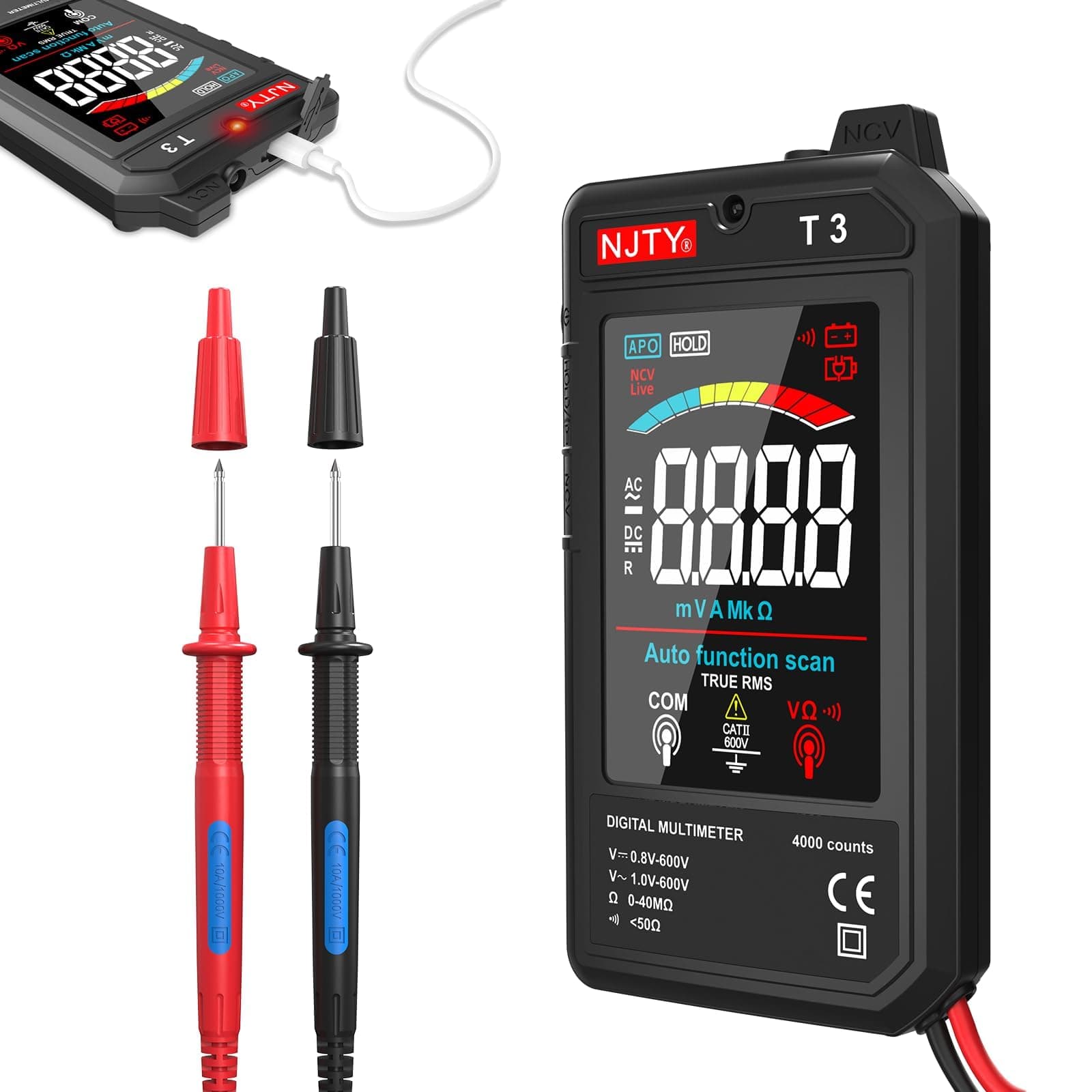NJTY T3 Smart Digital Multimeter, Ultra-Thin Rechargeable Voltmeter with 3.2" Color LCD, Auto-Ranging 600V AC/DC Tester for Resistance NCV Live Wire Detection