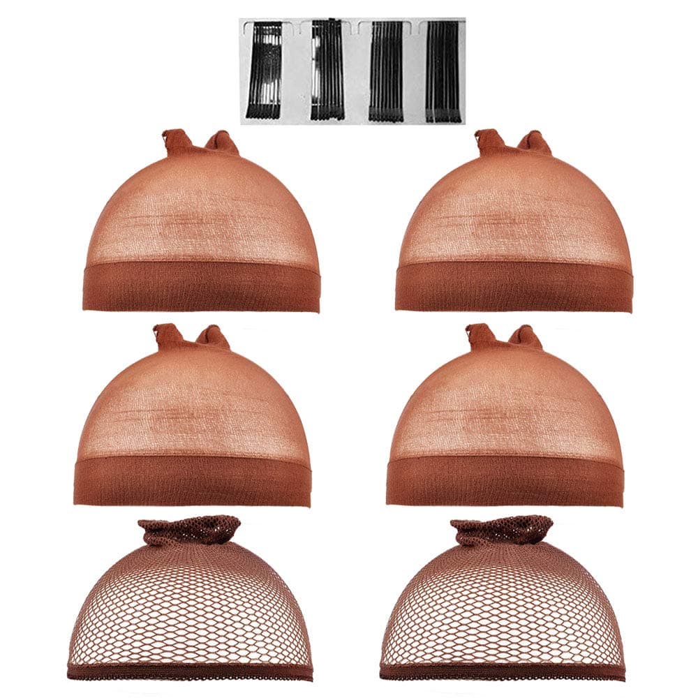 Lady Up Brown Stocking Wig Cap Nylon and Mesh Dome Caps for Wigs Stretchy Adjustable Wig Cap Set with Bobby Pins