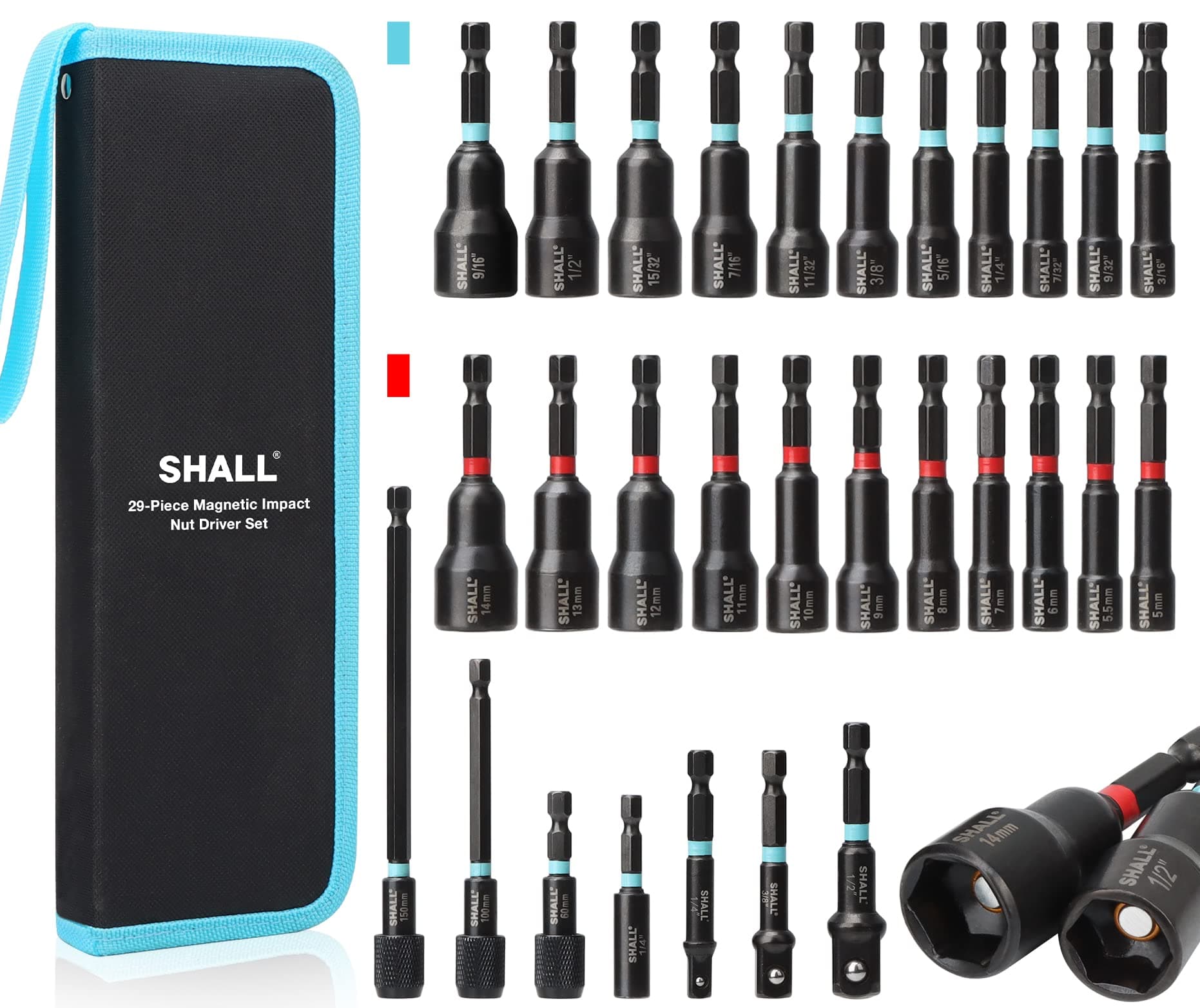 29PCS Magnetic Nut Driver Set, Impact Drill Bit 1/4'' Hex Shank, SAE & Metric Cr-V Steel Power Drivers with Quick-Release Extensions, Socket Adapters, Holder and Storage Bag (SH169009EU)