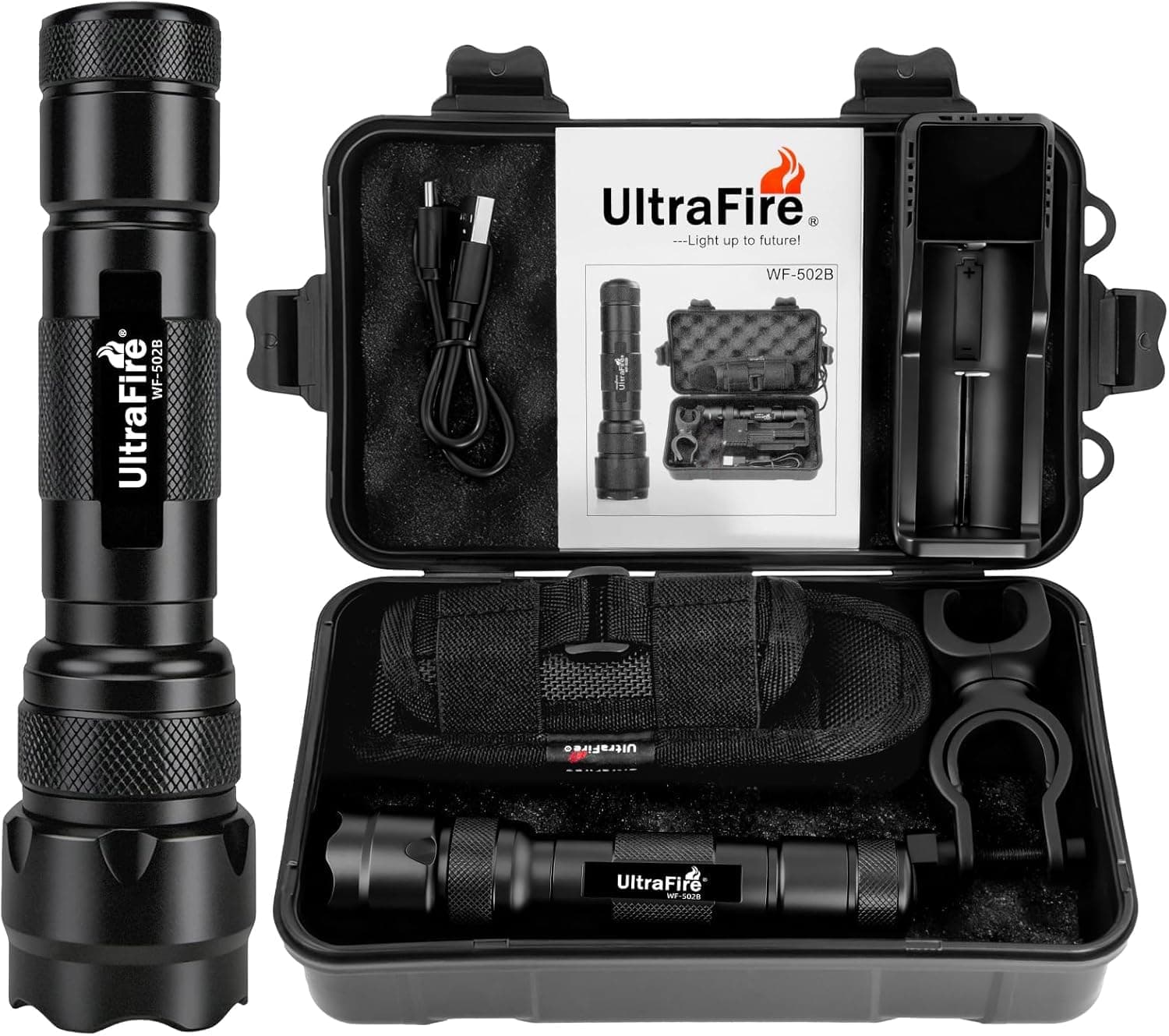 WF-502B LED Tactical Flashlight, 5 Modes 1000 High Lumens Flashlight Torch with Duty Belt Flashlight Holster, UFB26, Bicycle Mount, USB Charger