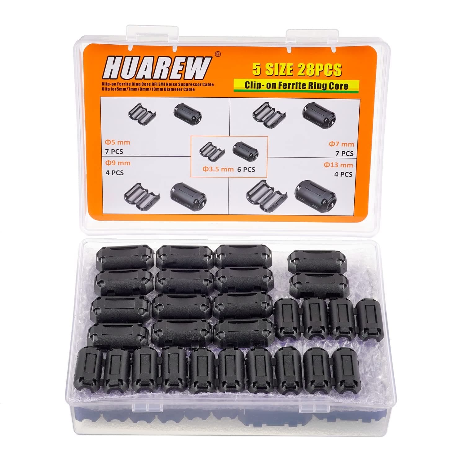 Black Clip-on Ferrite Ring Core Ferrite Choke RFI EMI Noise Suppressor Cable Clip for 3.5mm 5mm 7mm 9mm 13mm Diameter Cable(5 Values 28 Pcs)