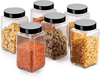 Vency Piramal Glass Cubical Square 1000ml Transparent Glass Jars & Containers for Kitchen Pantry, Snacks, Masala, Pickles, Cookies, Dry Fruits, Coffee Storage with Black Plastic Lid (1000ml, Set Of 6)