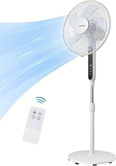 16" Oscillating Pedestal Stand Up Fan | Adjustable Height | Ultra Quiet DC Motor | Remote Control | 12 Speed | 12-Hour Timer | High Energy Efficiency | for Bedroom Home Office Use | White