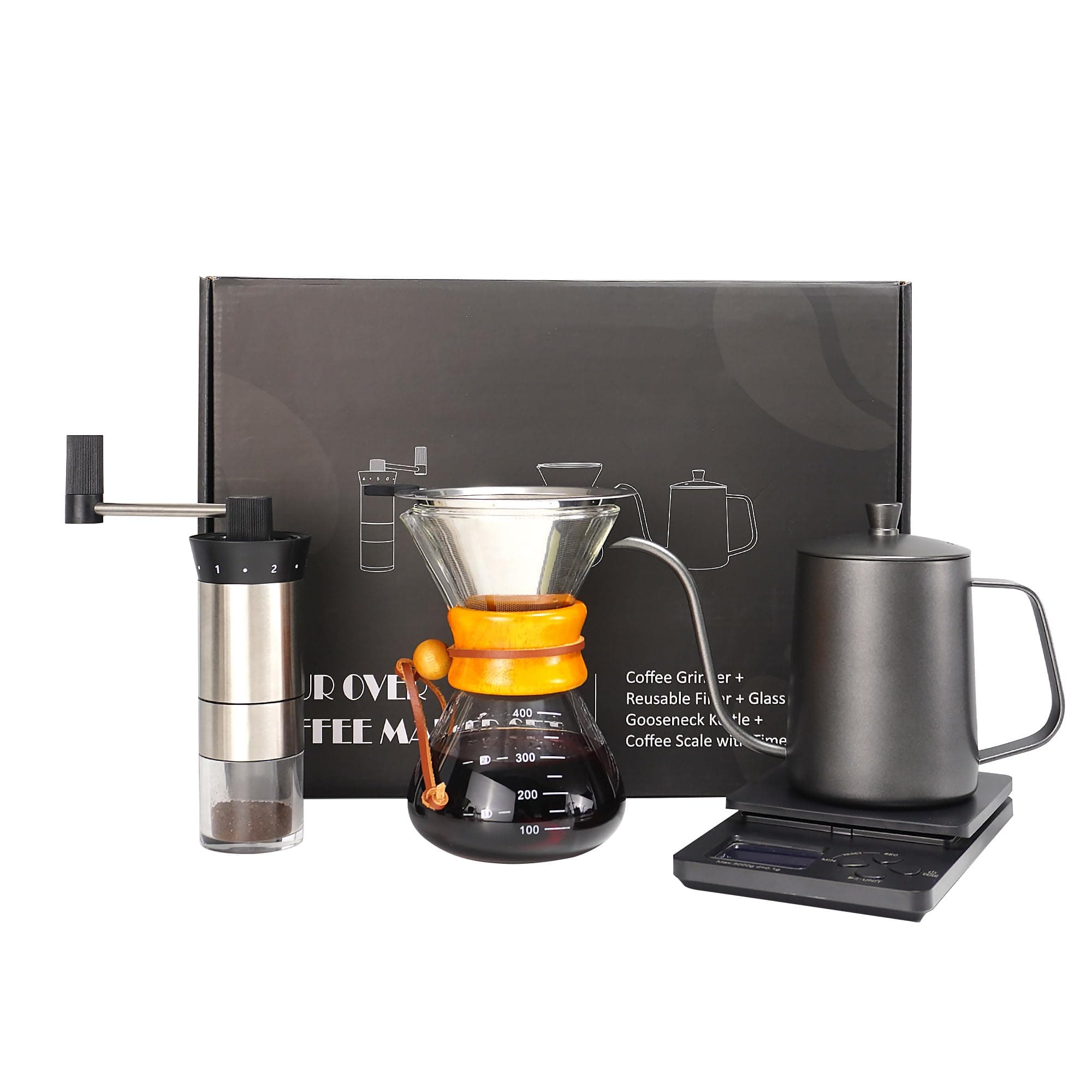 Pour Over Coffee Kit, Coffee Maker Set, All in One Hand Drip Coffee Set, Coffee Grinder Manual Set, Ideal for Anniversary Birthday Gift