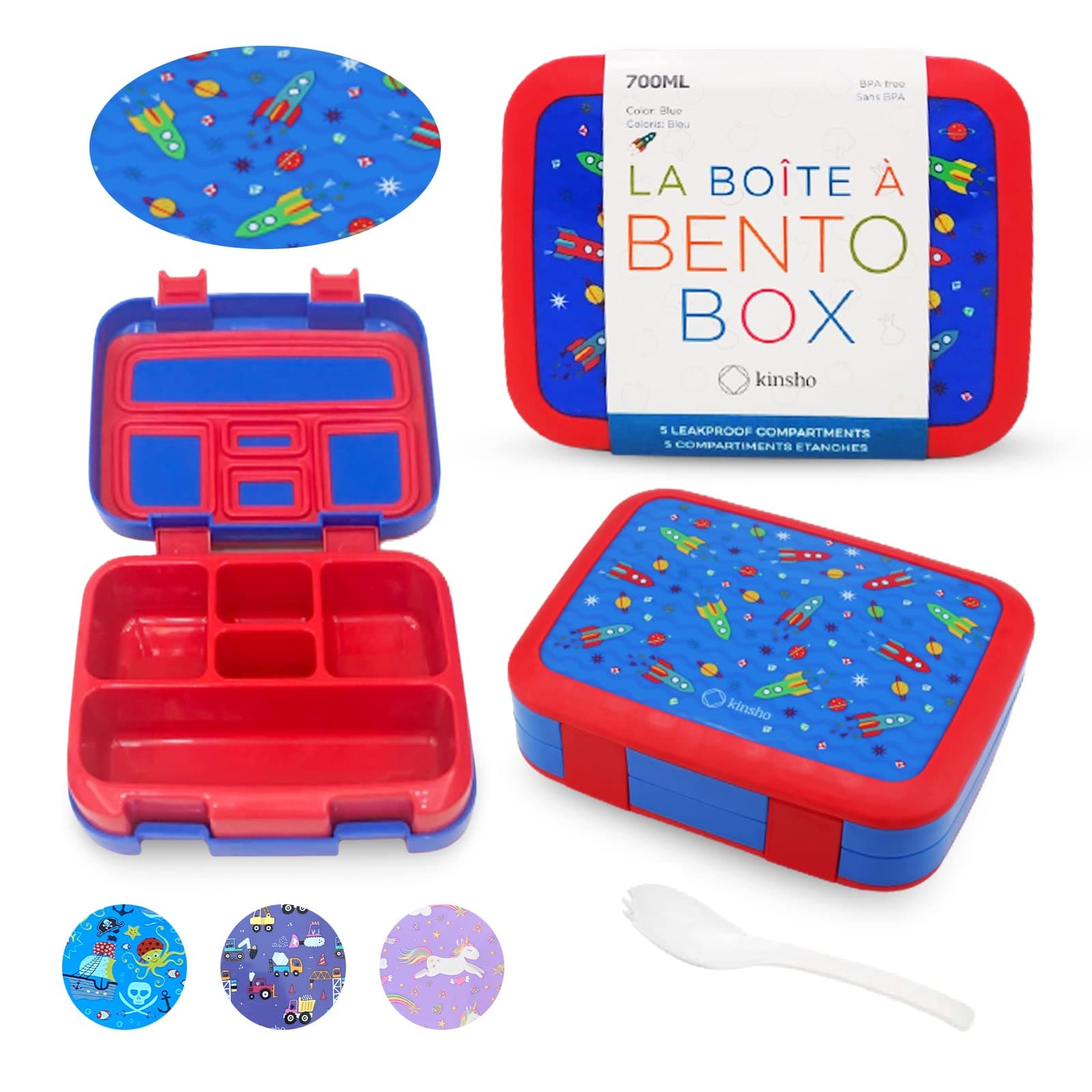 Kinsho Bento Lunch Box for Kids Toddlers, 5 Portion Control Sections, BPA Free Removable Plastic Tray, Pre-School Kid Toddler Daycare Lunches, Snack Container Ages 3 to 7 (Blue Space Rockets)