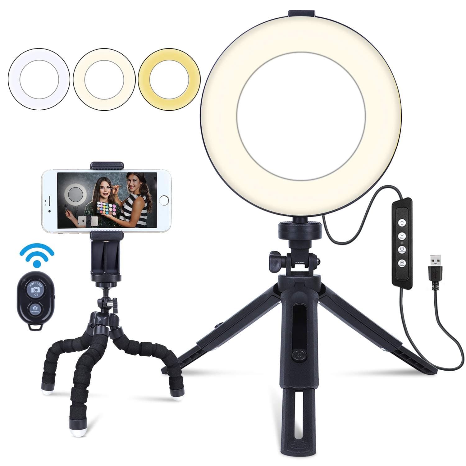6" Ring Light with Stand and Cell Phone Holder for Makeup Live Streaming & YouTube Video, Remote Self-Timer Mini Desktop Led Ring Light Selfie Light Ring for Smartphone