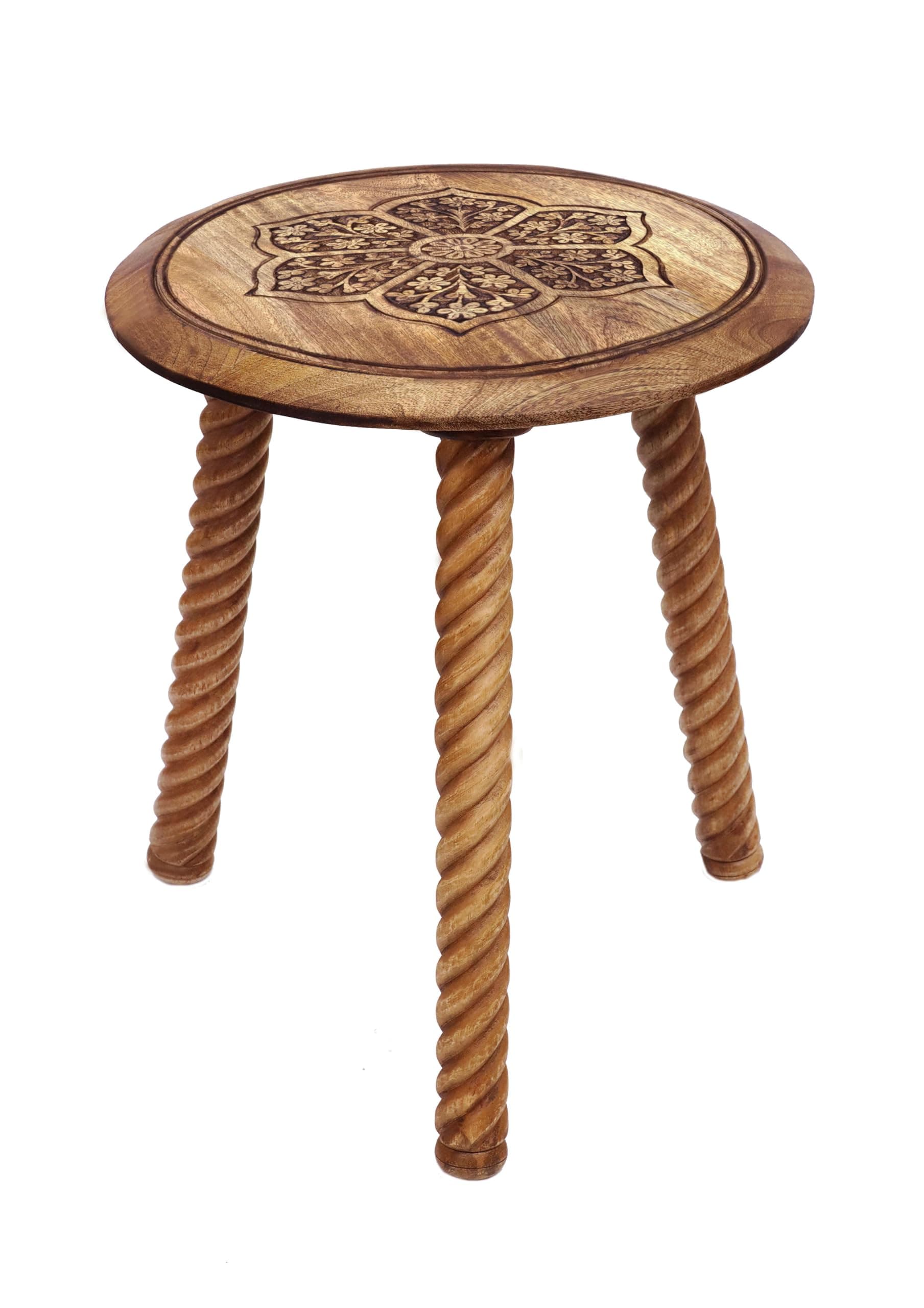 COTTON CRAFT Solid Wood End Table - Hand Carved Accent Table - Global Boho Side Table - Easy to Assemble Round Table - Small Spaces Entryway Living Room Bedside Farmhouse - 18 Inches Round - Natural