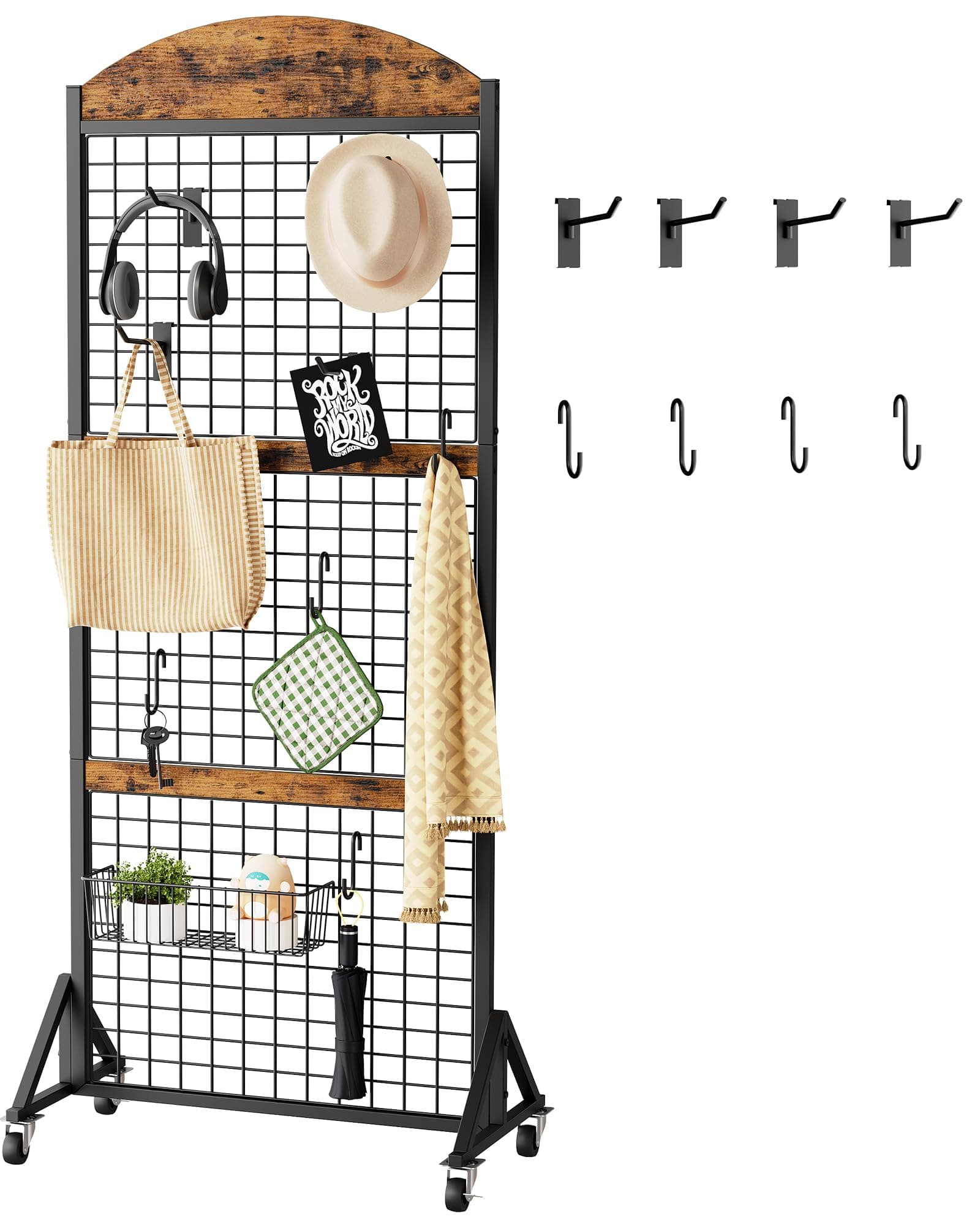CHOEZON Grid Wall Panel 5.7’ x 2’ FT Grid Display Rack, Movable Gridwall Display Stand with Wheels,Floorstanding Wire Grid Rack with 4 S-Shaped Hooks and 4 Garment Hooks Rustic Brown and Black TCJ17BF