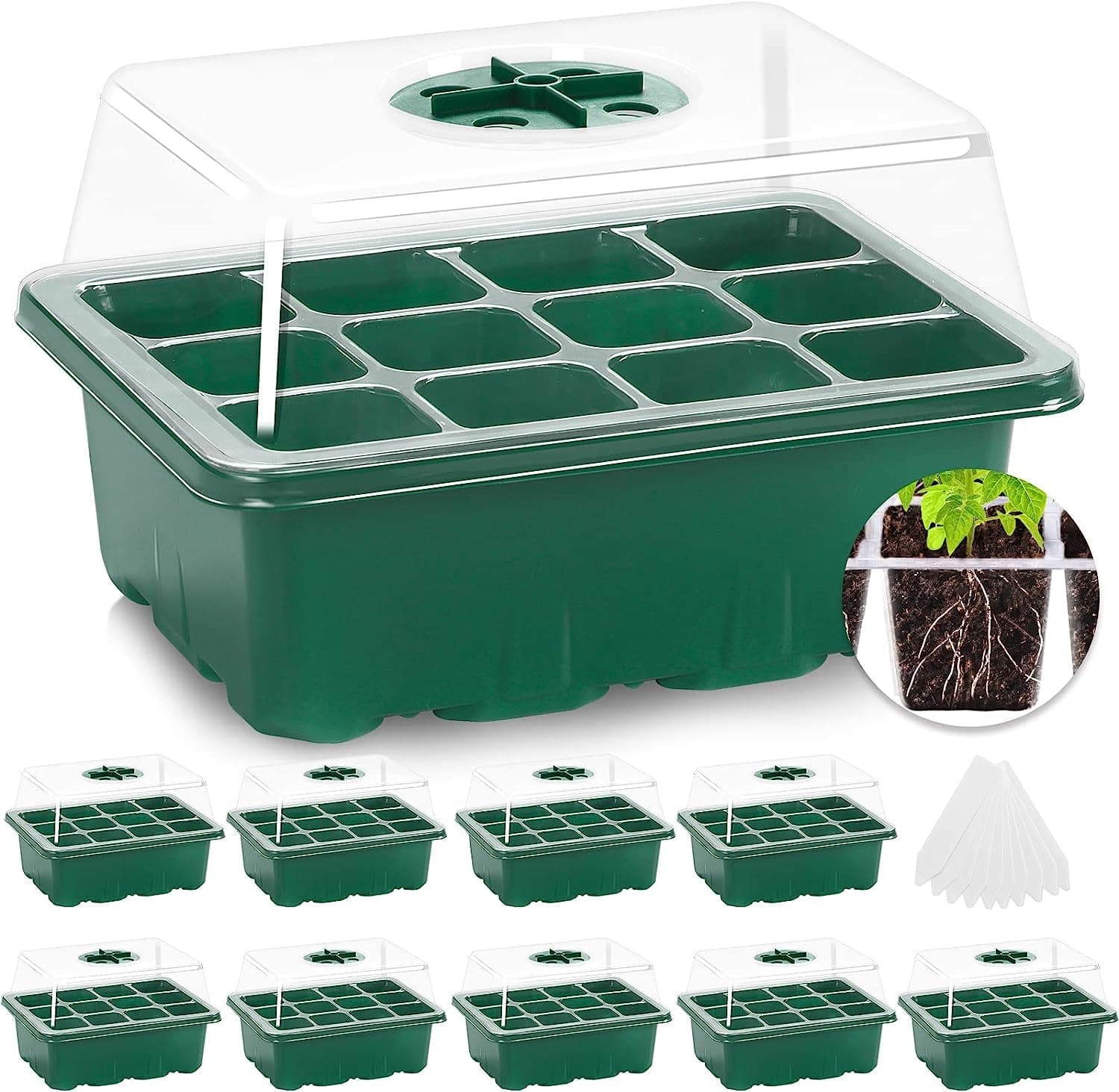 Seed Trays, 10 Pack 120 Cells Seed Tray for Seedlings Reusable Seed Trays with Lids, propagators for plants, Germination Trays Kit Plastic for Greenhouse/Garden Green