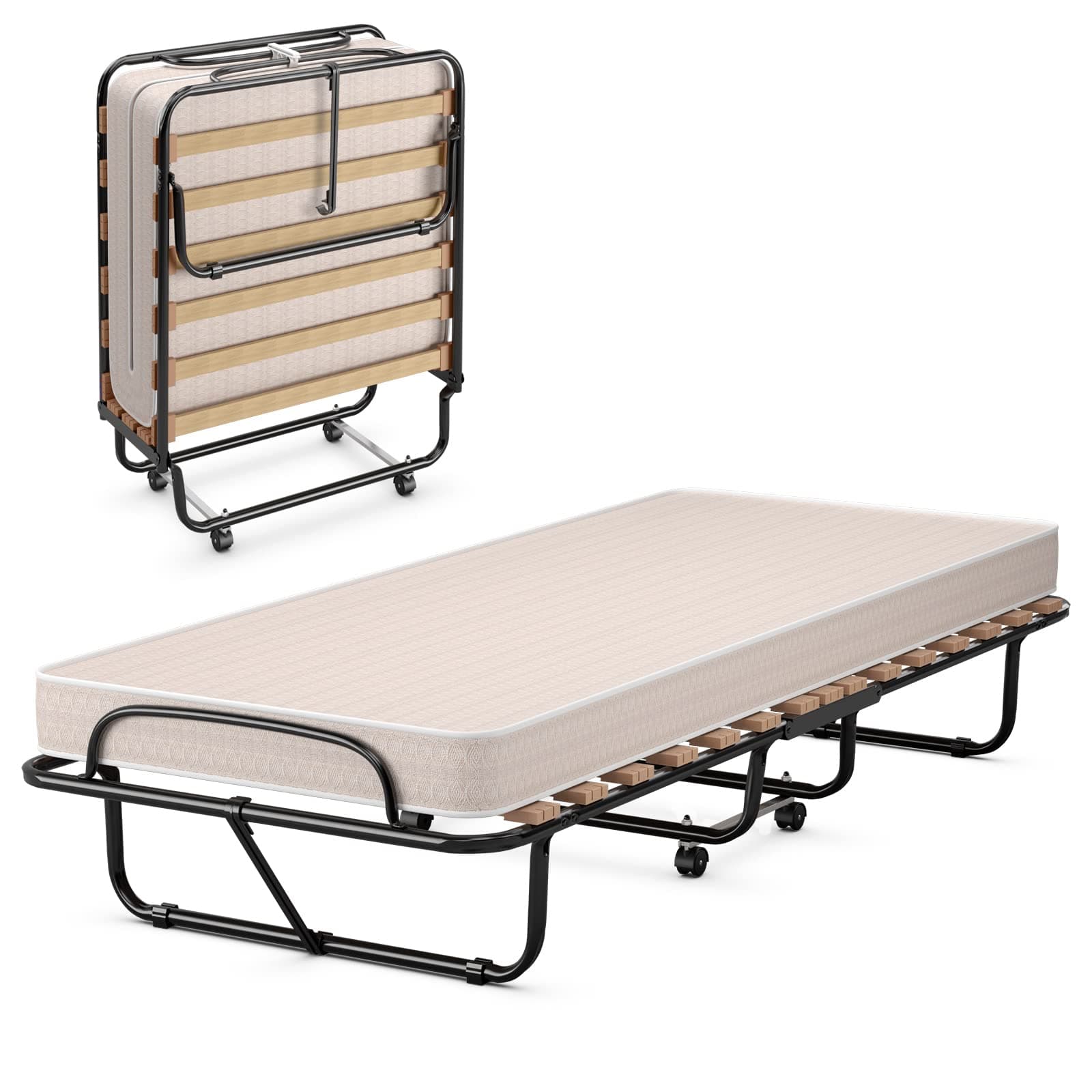 Giantex Folding Bed with 3" Memory Foam Mattress, Rolling Foldaway Guest Bed, Sturdy Metal Frame, Easy to Store (Beige)