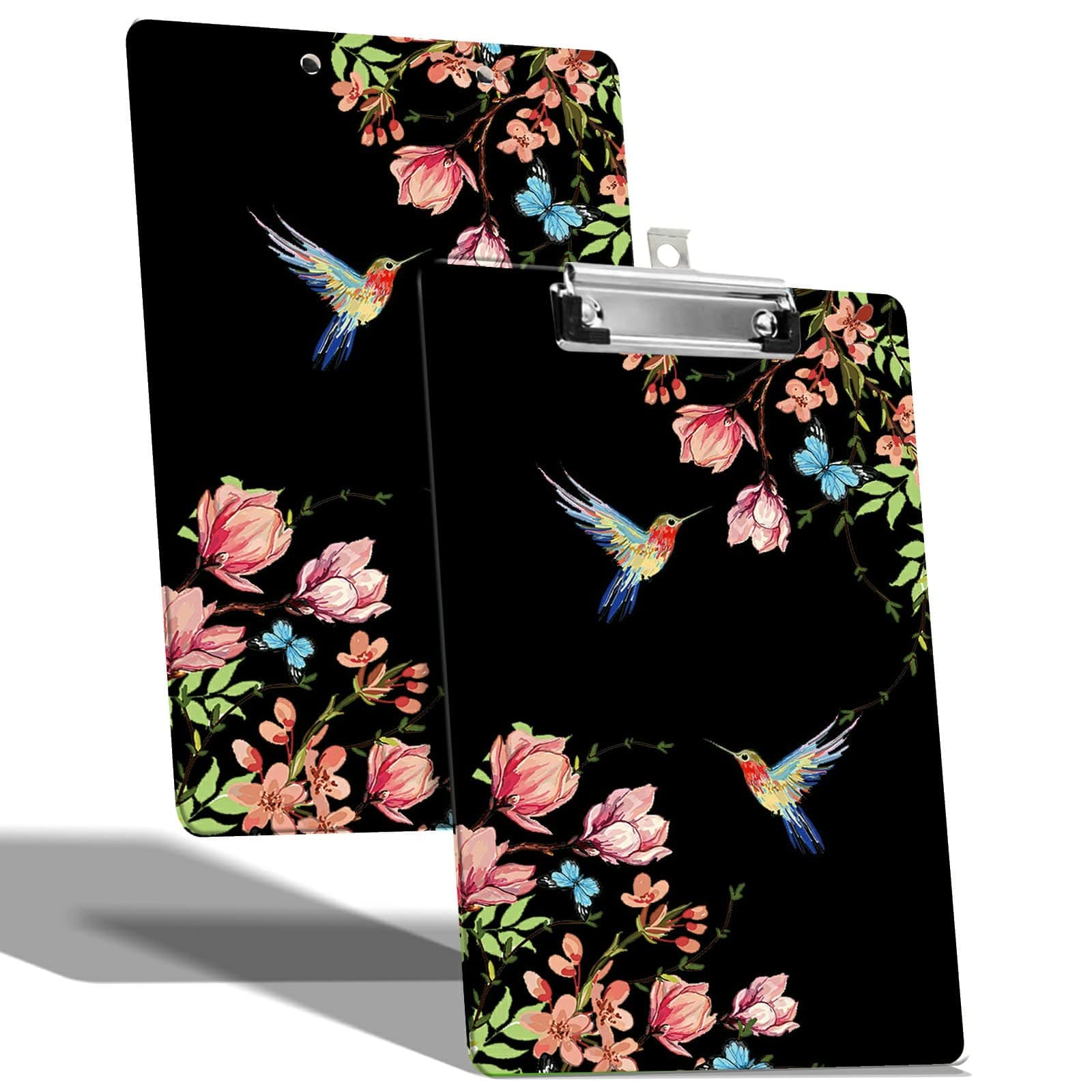 A4 Size Clipboard with Hanging Hook and Low Profile Clip, Plastic Nurse Clipboard Writing Drawing Board with Double-Sided Hummingbird Floral Sakura Print for Woman Kids Office School Use