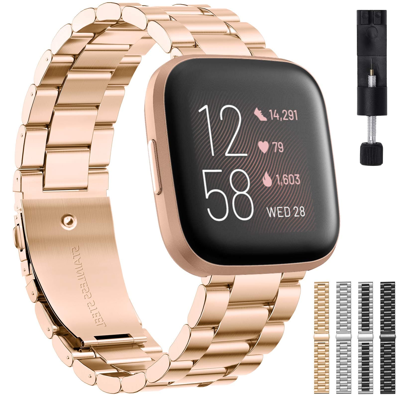 Liwin Metal Band Compatible with Fitbit Versa 2 / Versa/Versa Lite (Not for Versa 3 / Sense), Bands for Men Women, Replacement Stainless Steel Bracelet Wrist Bands Strap Accessory, Rose Gold