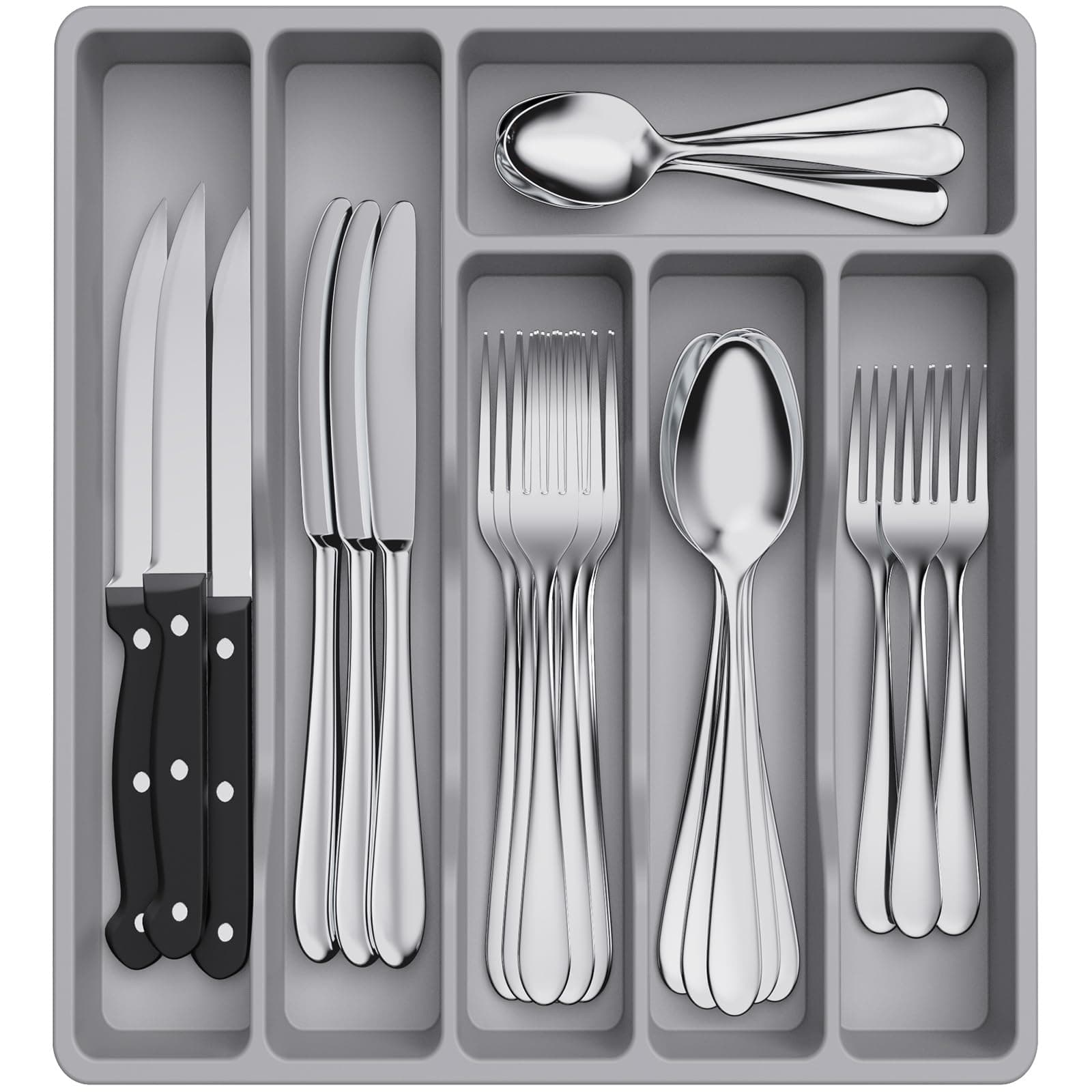 Lifewit Silverware Drawer Organizer Tray, Plastic Cutlery Storage for Kitchen, Flatware and Utensil Holder Divider for Spoons Forks Knives Tableware, 12.4 x 11.7", 6 Slots, Gray