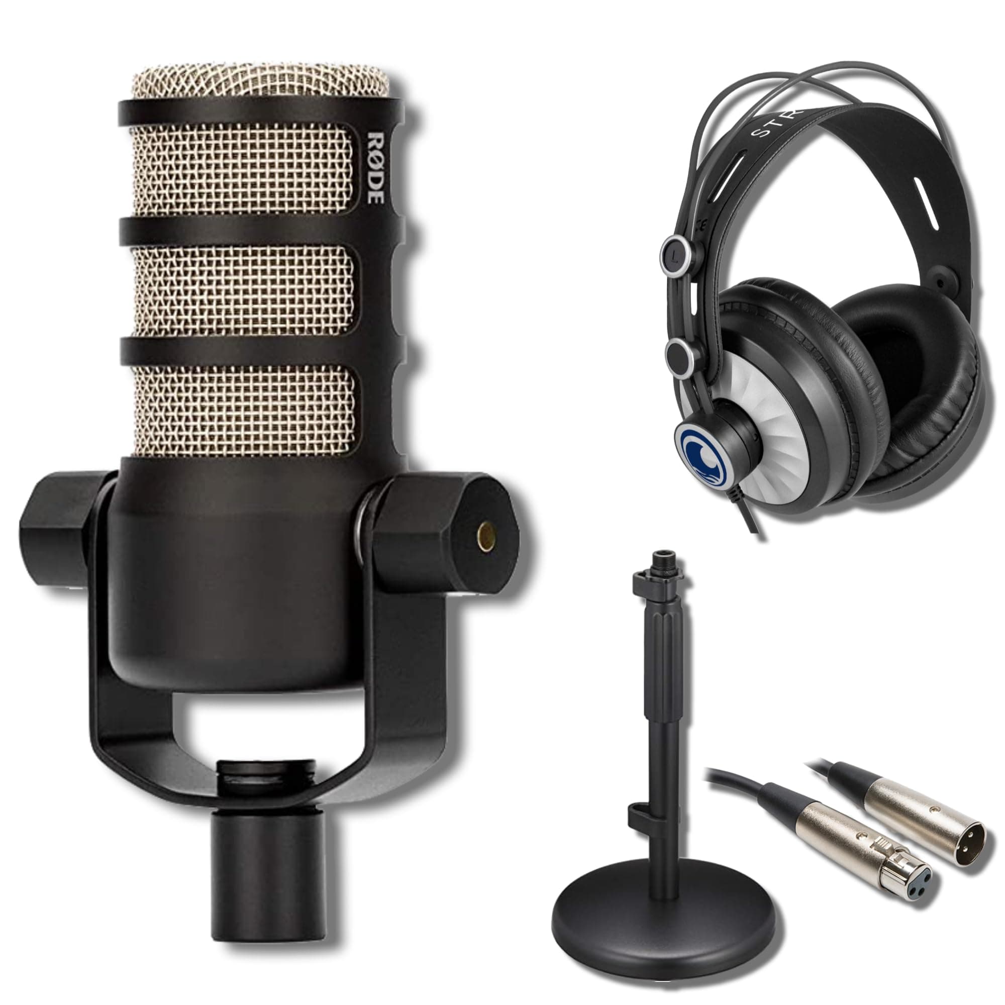 Rode PodMic Dynamic Podcast Microphone with On-Stage DS7200B Desktop Mic Stand, StreamEye Cans50 Podcast Headphones, XLR Cable and StreamEye Polishing Cloth