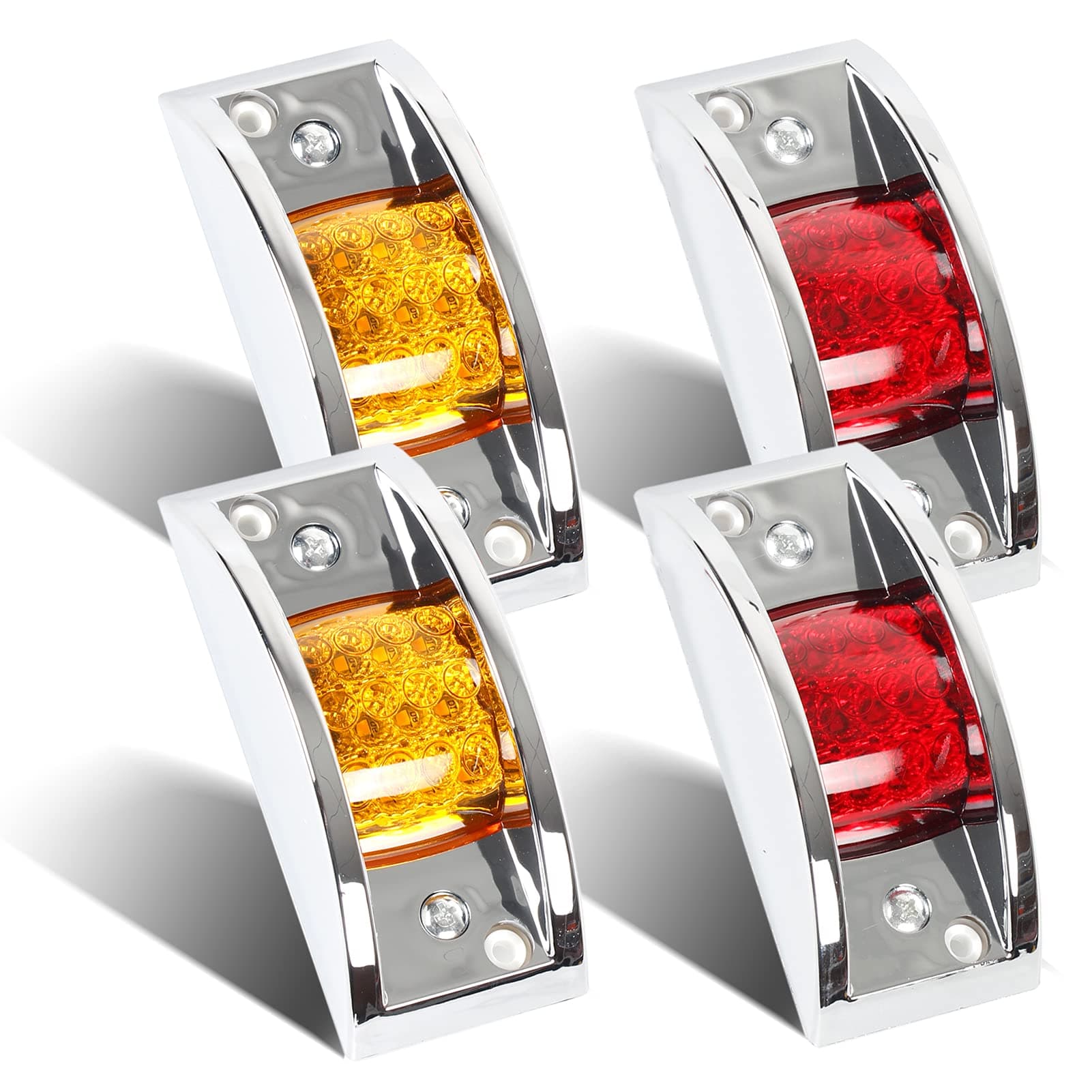 4 Pcs Trailer Side Marker Light, Chrome Armored 12 LED Rectangle Trailer Clearance Light for Truck, Trailers, Golf Cart (2 Amber + 2 Red)