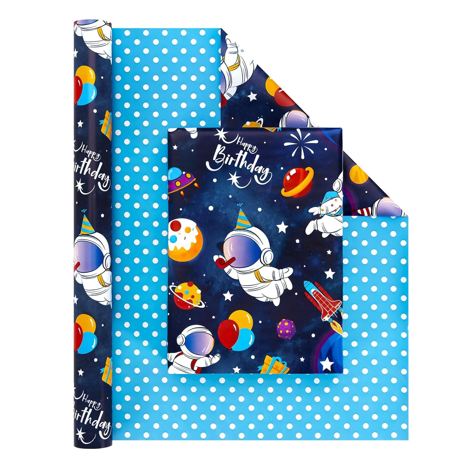 WERNNSAI Space Reversible Wrapping Paper Roll - 1 Roll 17” x 33 ft Happy Birthday Wrapping Paper Kids Blue Space Birthday Gift Wrap Roll Boys Wrapping Paper Polka Dot Design Outer Space Party Favor