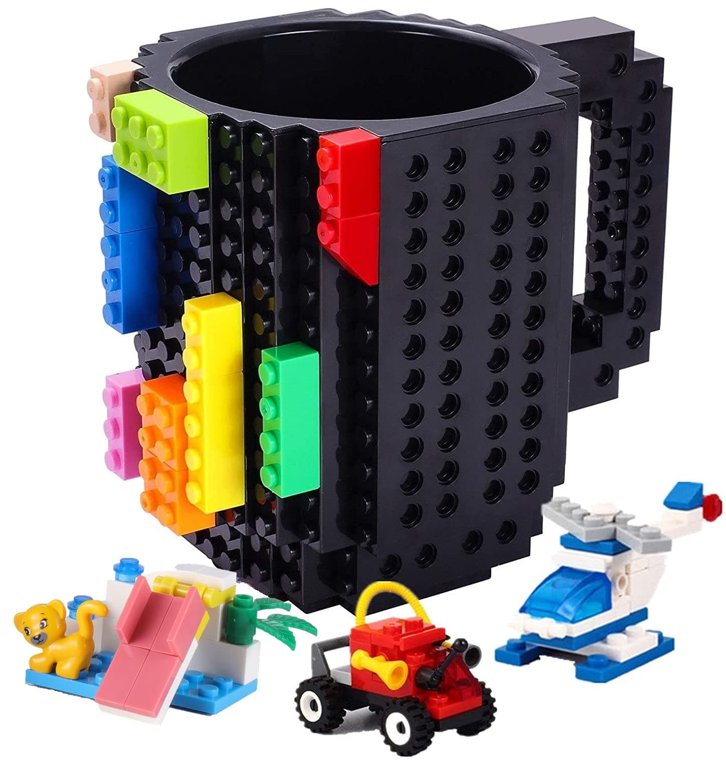 POXIWIN Build-on Brick Coffee Mug,Creative DIY Building Blocks Cup with 3 Packs of Blocks randomly,Novelty Gifts for Kids Men Women Birthday Xmas,Black