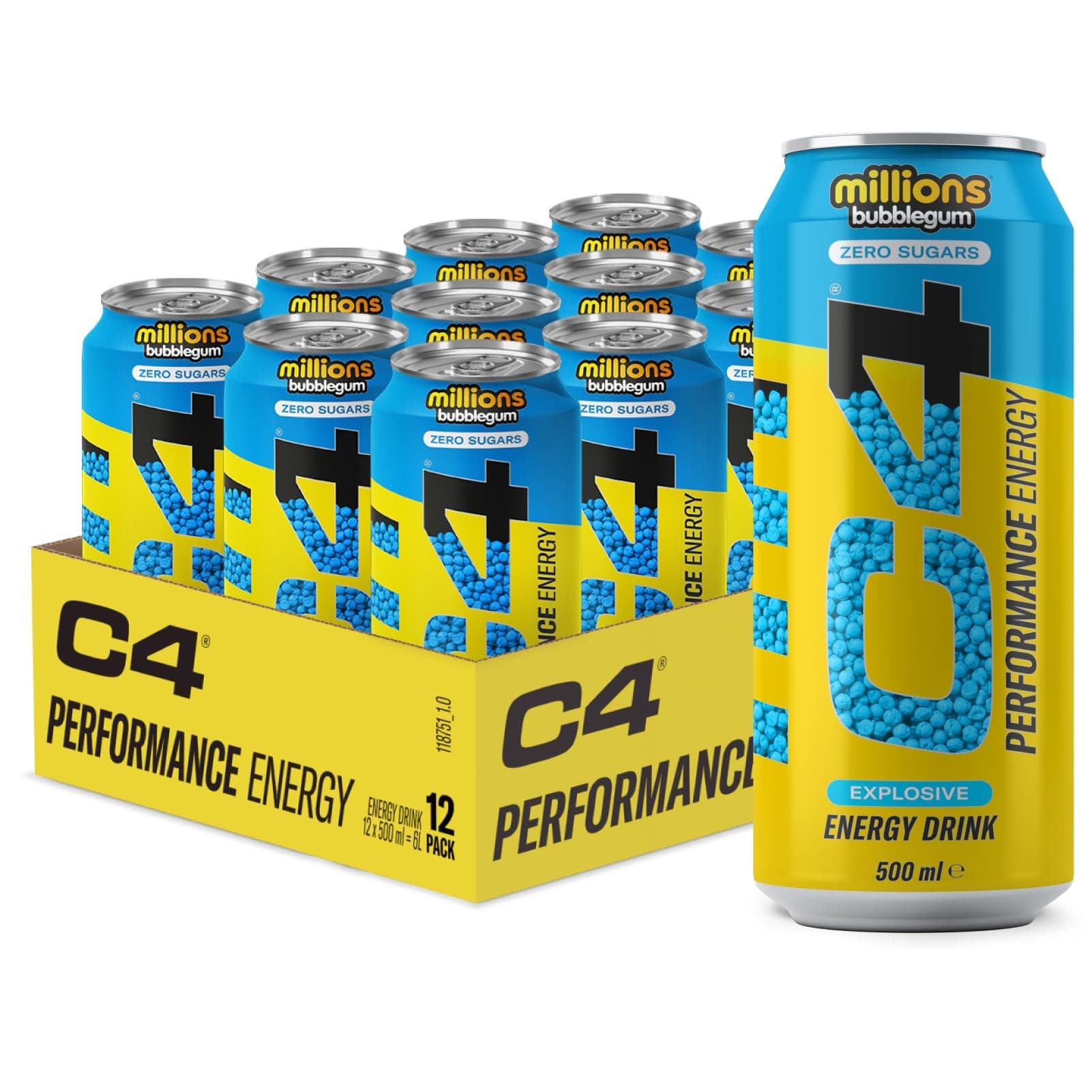 – C4 Performance Energy Drinks Millions Bubblegum 500ml (12 Pack) | Sugar Free Energy Drink with 160mg Caffeine, 250mg Betaine, 1050mg Taurine | Low Calorie Fizzy Drinks for On The Go Energy and Focus