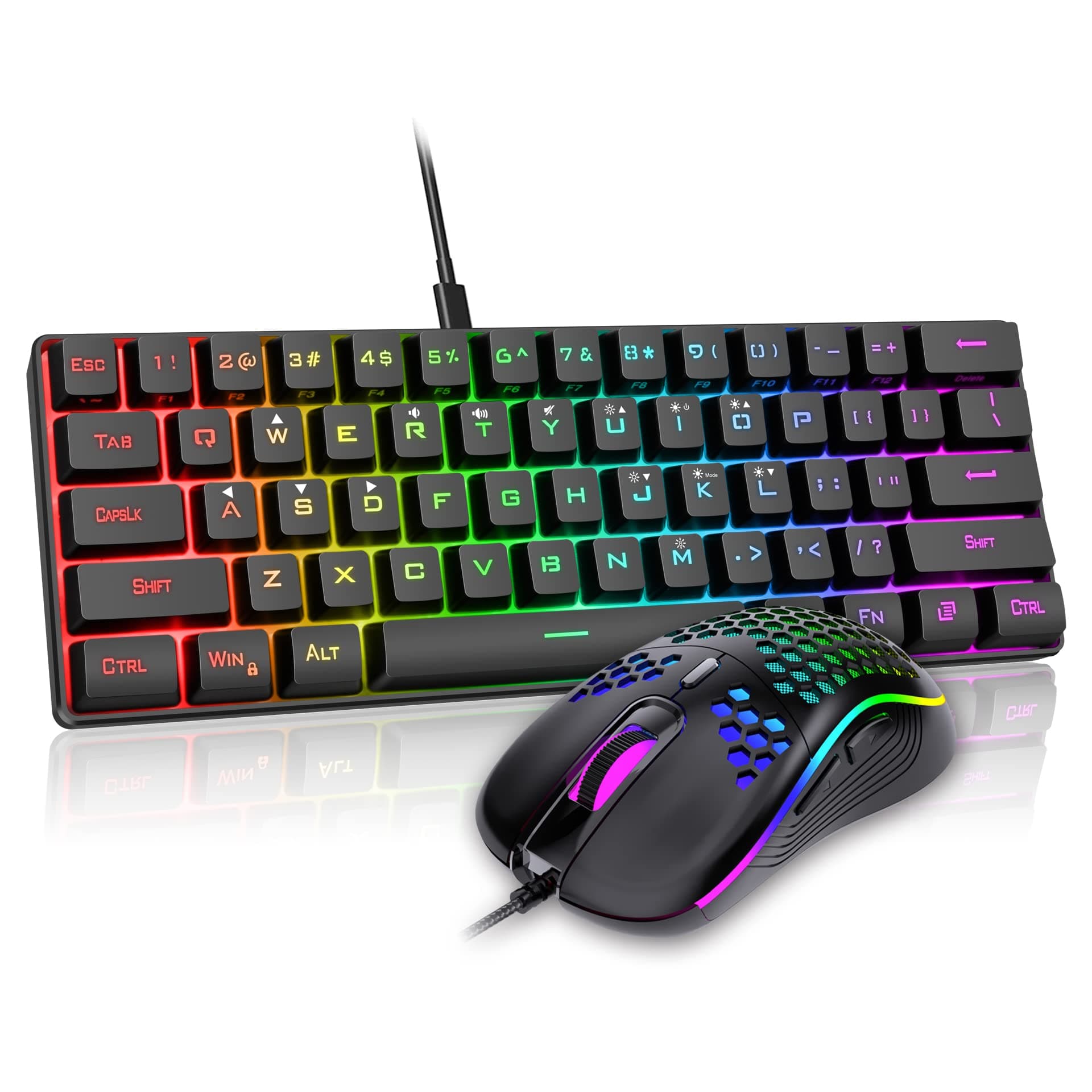60% Gaming Keyboard and Mouse Combo, Ultra-Compact 61 Keys RGB Backlit Mini Keyboard, Lightweight 7200 DPI Honeycomb Optical, Wired Gaming Set for PC MAC PS5 Xbox Gamer(Black)