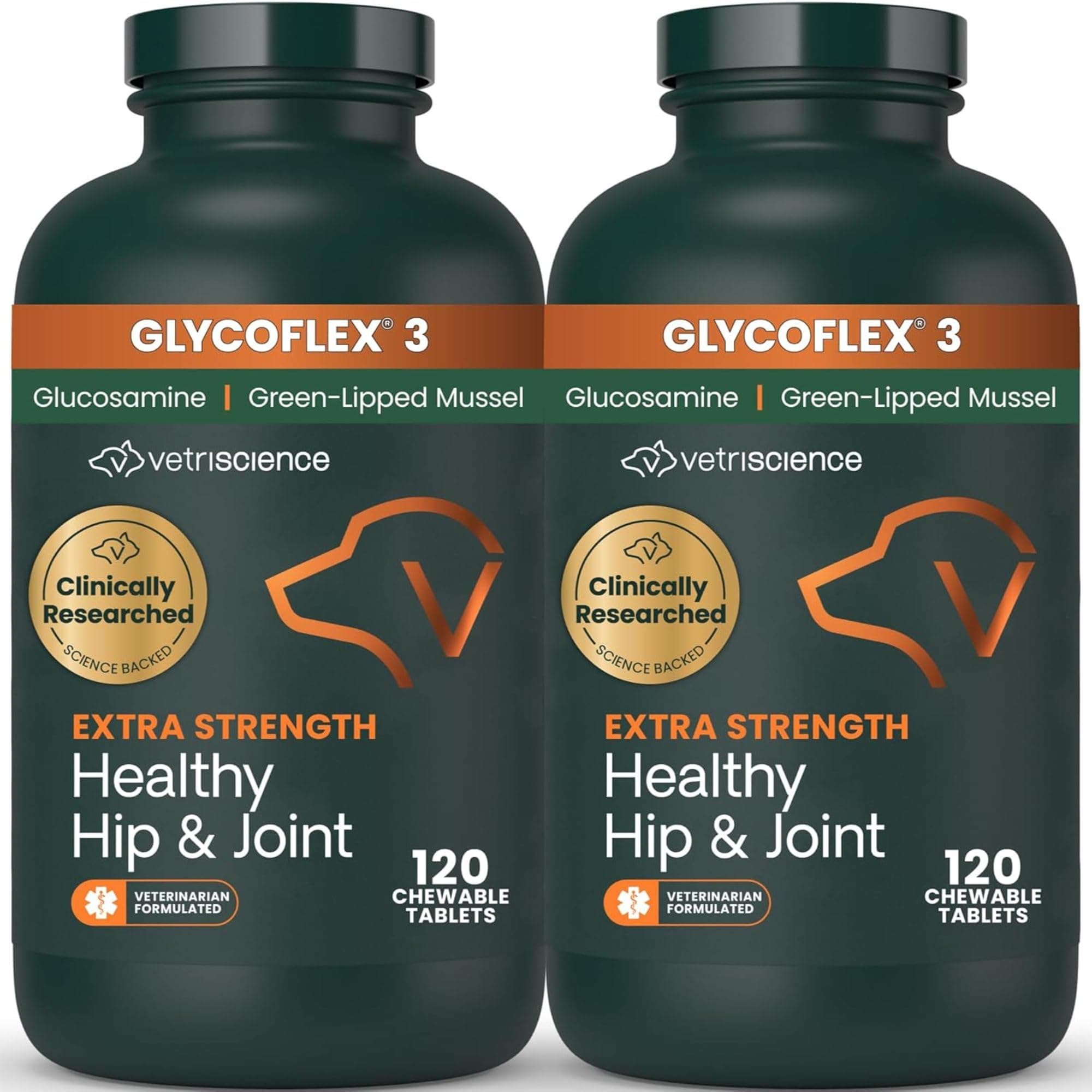 VetriScience Glycoflex 3 Clinically Proven Hip and Joint Supplement for Dogs - Maximum Strength Dog Supplement with Glucosamine, MSM, Green Lipped Mussel & DMG - 2 Pack (120 Chewable Tablets Each)