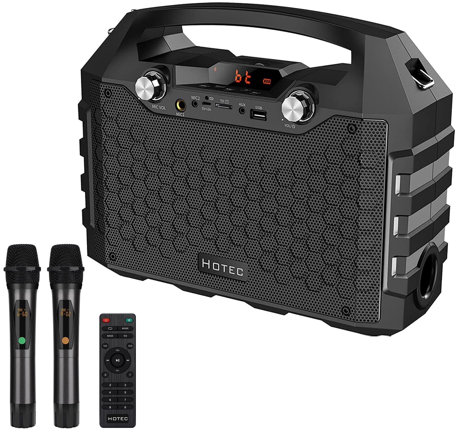Hotec Wireless Bluetooth Portable PA Speaker System, Powerful Bluetooth Karaoke Machine with Dual Wireless Microphones for Karaoke, Wedding, Party, Teaching, Lecture, Church, Outdoor Indoor Activities