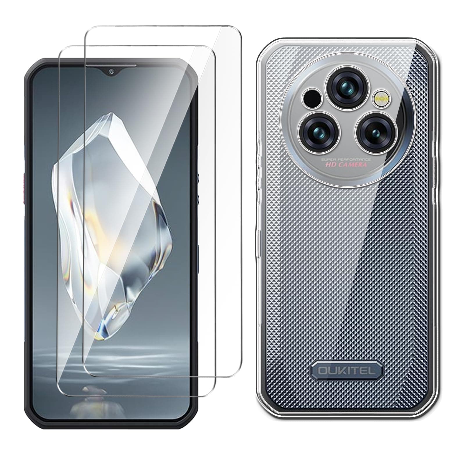 LYZXMYcase for Oukitel WP35(6.6") transparent mobile phone case + 2 pieces tempered glass protective film, case soft silicone TPU protective cover