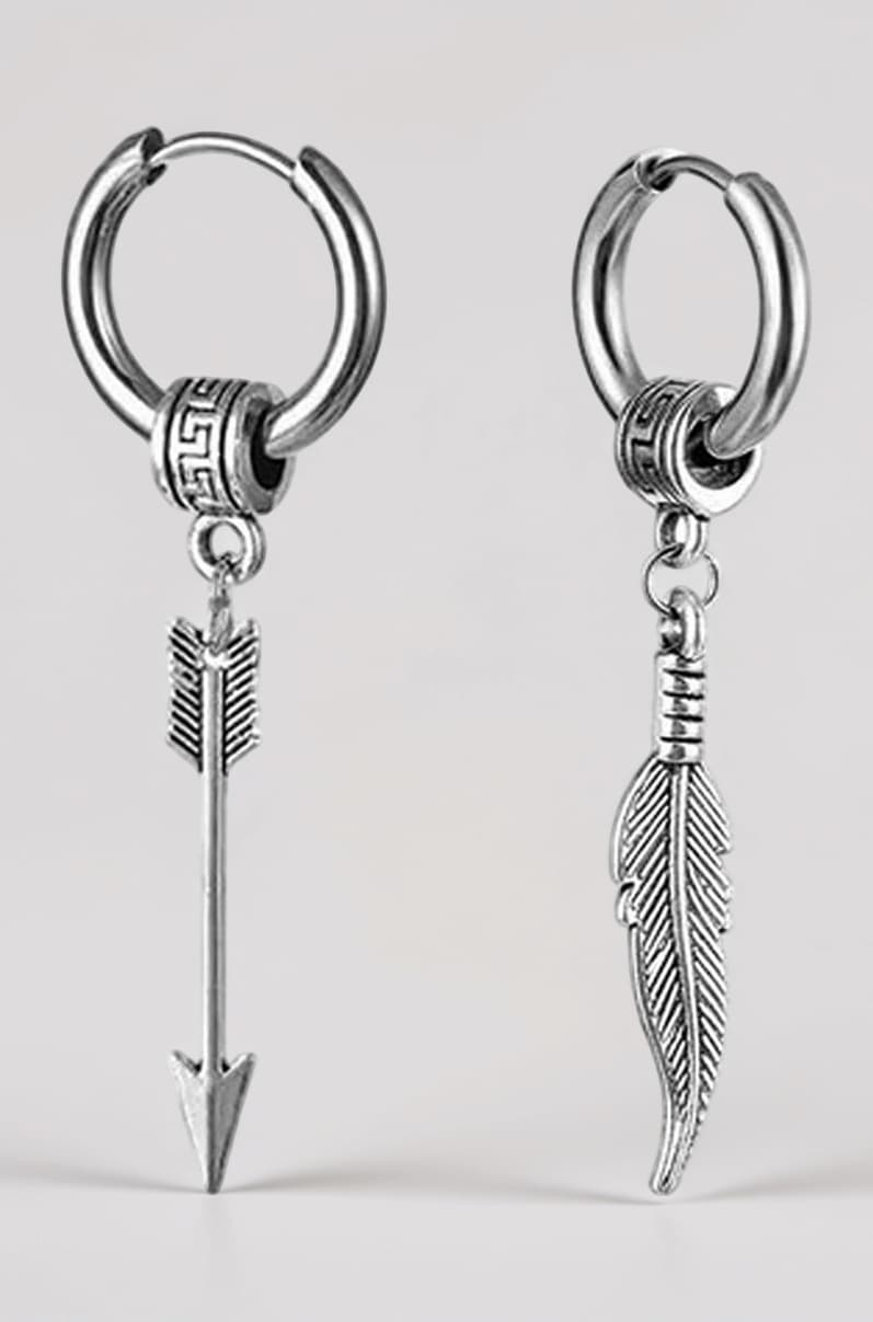 Men Huggie Ear Studs With Feather Ring Long Chain Punk Titanium Steel Piercing Jewelry Silver Stainless Steel Hoop Earrings For Men And Women