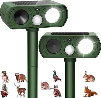 2PACK Solar Ultrasonic Animal Repellent Outdoor, Deer Repellent Devices Squirrel Cat Raccoon Rabbit Dog Deterrent, Keep Rodent Chipmunk Away Motion Detection with Flash Light for Yard Garden Lawn