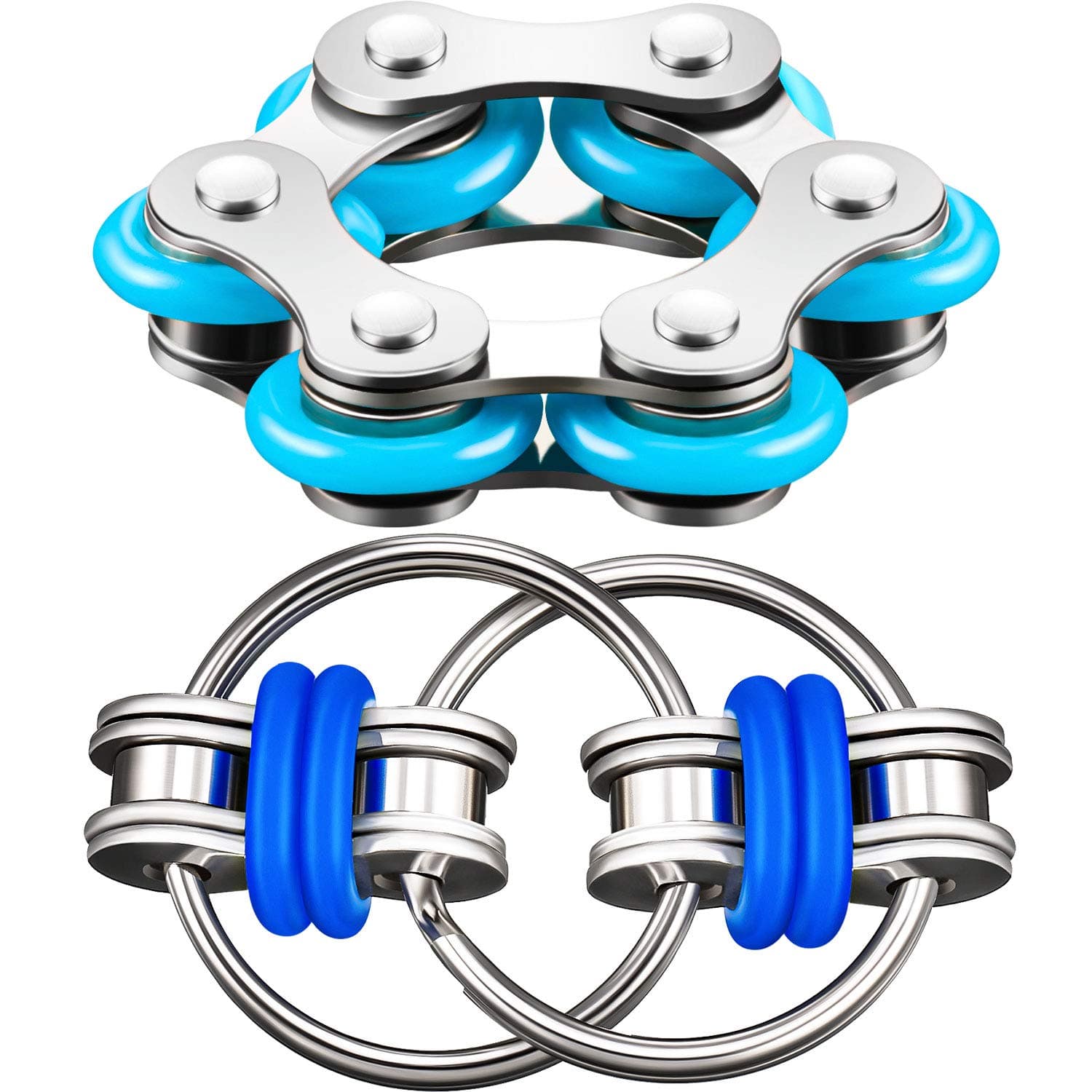 GejoyFidget Toy Set Include Six Roller Chain Fidget and Key Flippy Chain Stress Reducers for Autism Stress and Anxiety Relief (Light Blue, Dark Blue)