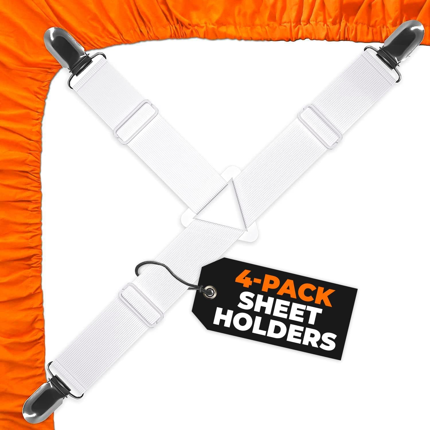 Bed Sheet Straps Set | Easy to Use Adjustable Elastic Fasteners with Metal Clips | Sheet Holders for Corners | Fitted Sheet Clips to Hold Sheets in Place | (4 Pcs White)