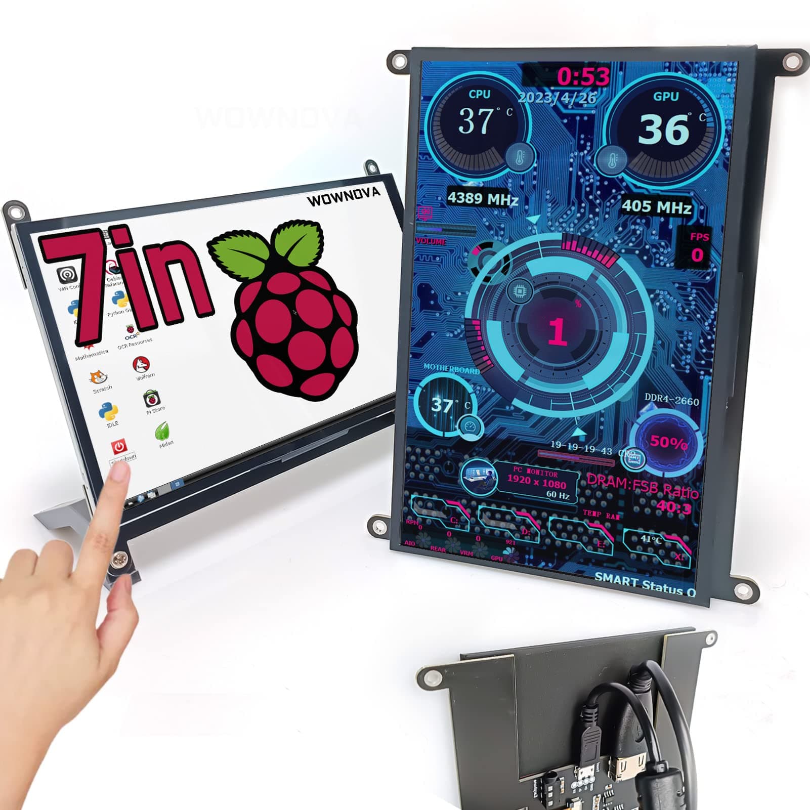 WOWNOVA 7" Computer Sensor Panel LCD Screen PC Temperature Monitor Display Secondary Screen, PC Accessories for PC Case, Compatible with Raspberry Pi and Windows 7/8/10/11 (Touch Screen)