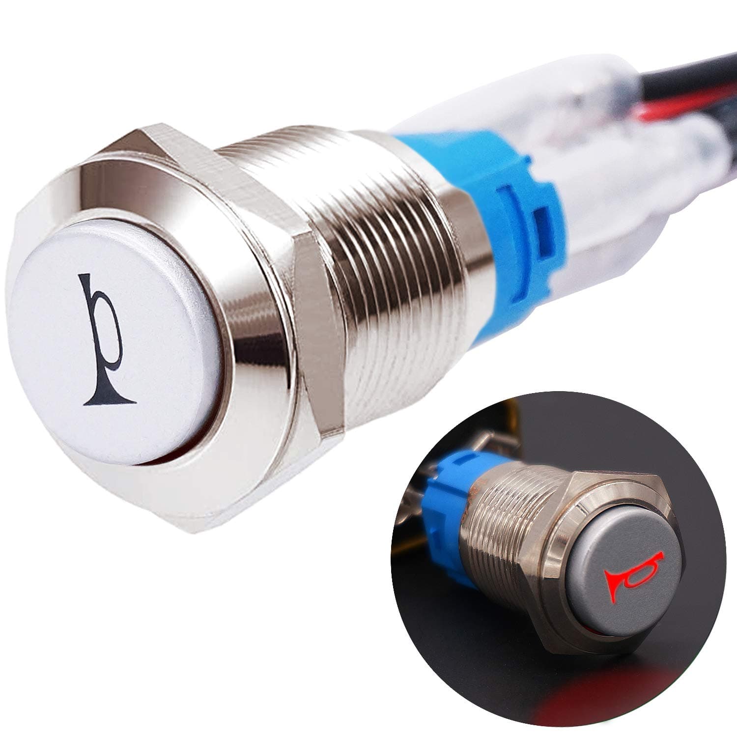 Twidec/19MM Raised Speaker Horn Momentary Push Button Switch 3/4" Mounting Hole 12V Red Led Light Silver Stainless Steel Shell 1NO 1NC SPDT with Pre-Wiring Wires Switch for Car Modification G19LB-R