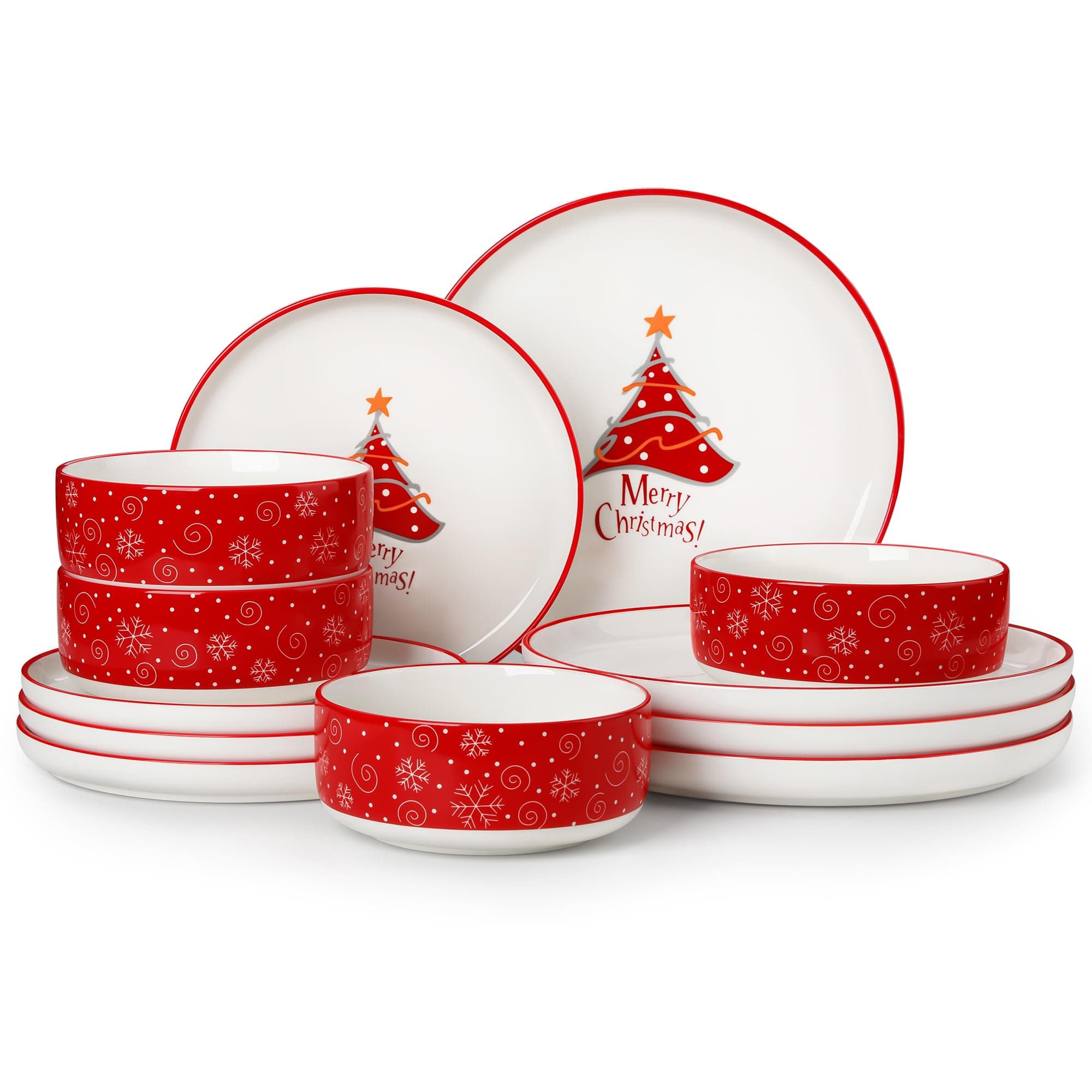 MALACASA 12-Piece Christmas Tree Dinner Set for 4, Ceramic Plates and Bowls Set, Holiday Dinnerware Sets with Dinner Plates/Dessert Plates/Cereal Bowls, Festive Designs for Table Decor