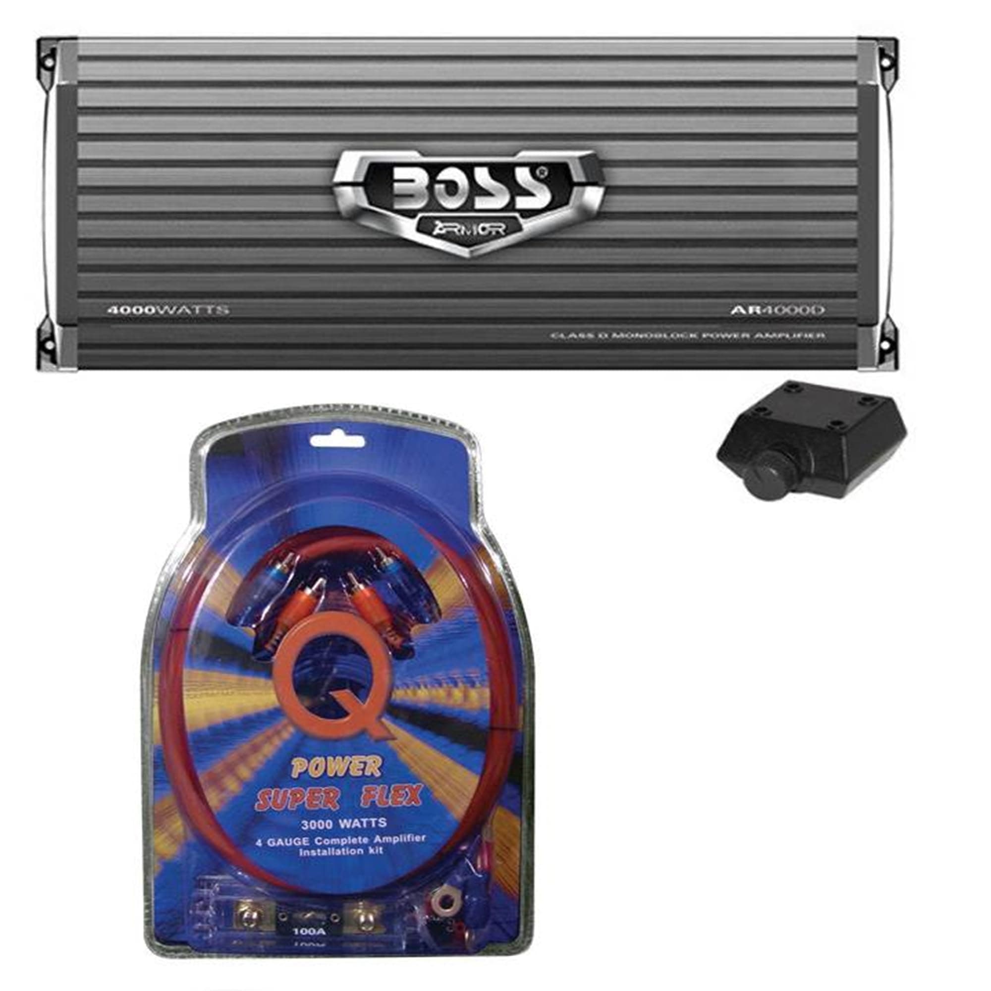 Boss Audio AR4000D 4000 Watt Monoblock Class D Digital Amplifier and 4GAMPKIT-SFLEX Q Power Super Flex 4-Gauge 3000-Watt Amplifier Installation Kit