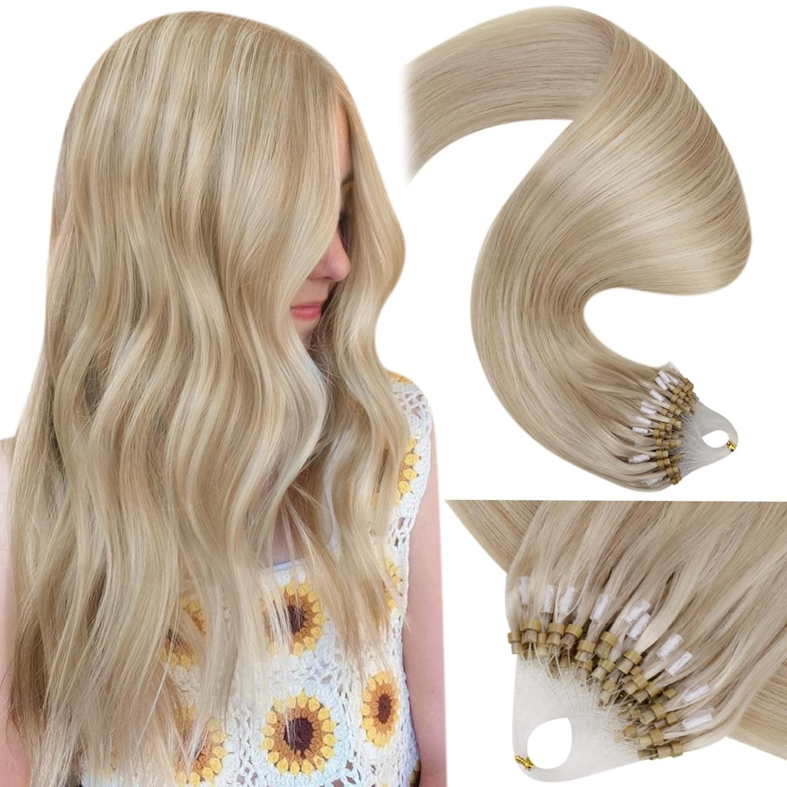 LaaVoo Micro Beads Hair Extensions Human Hair Blonde Micro Loop Hair Extensions Human Hair Ash Blonde Mix Bleach Blonde Microlink Hair Extensions 50g 50s 22 inch