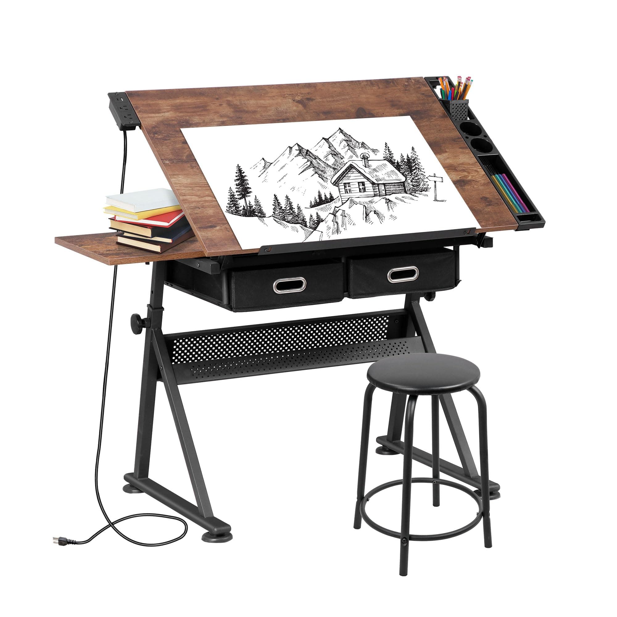 Drafting Table Set with Charging Station, Height Adjustable Tilting Drawing Desk Artist Desk with Stool Multifunctional Art Craft Workstation with 2 Storage Drawers for Home Office School
