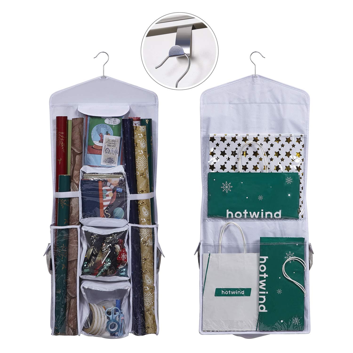 AOTUNO Double-Sided Hanging Gift Wrap Organizer Storage Bag,Wrapping Paper Storage Holder(White)