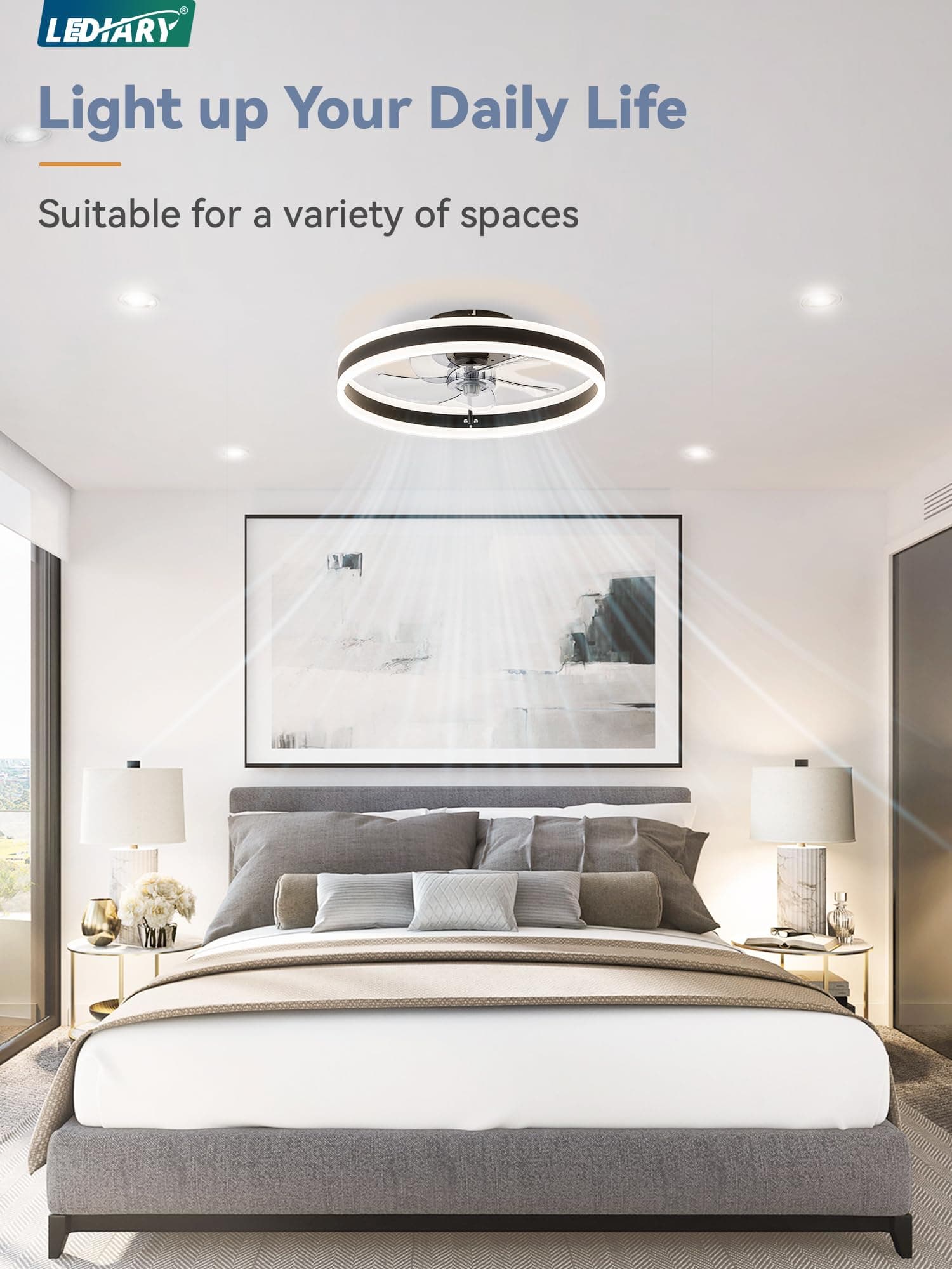 LEDIARY Low Profile Ceiling Fans with Lights, Flush Mount Modern Ceiling Fan and Remote Control, 19.7" LED Ceiling Fans, Stepless Dimmable 3 Colors and 6 Speeds - Black