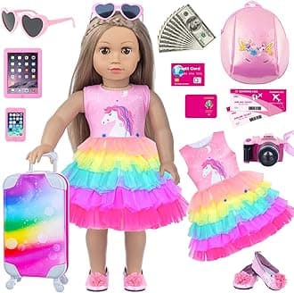 Doll Clothes and Accessories Travel Suitcase Playset for 18 Inch Girl Doll with Dolls Clothes, Backpack, Camera, Ipad, Phone, Sunglasses, Shoes, Gift for 3 to 7 Year Olds