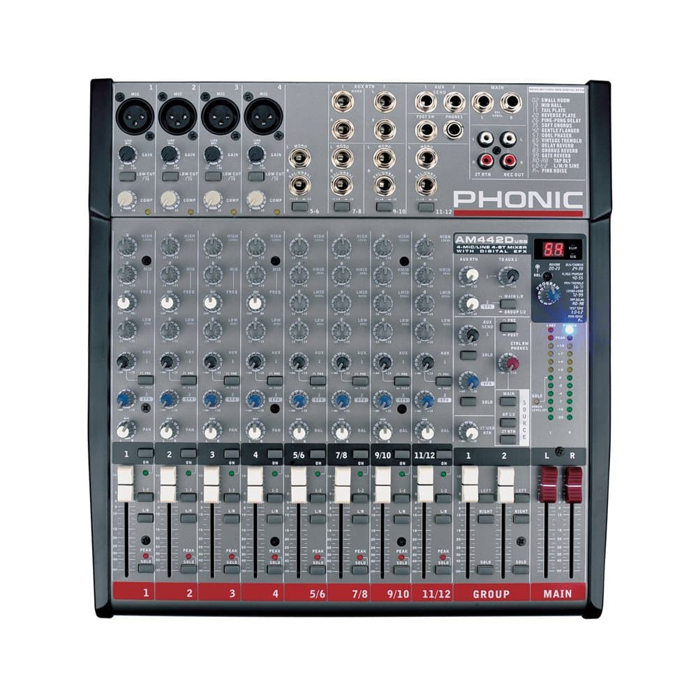 Phonic AM442D USB 4-Mic/Line 4-Stereo 2 Group Mixer with DFX and USB Interface; 3-band EQ with Swept Mid-range Plus Low Cut on Each Mono Channel; 2 Aux Sends, Aux 1 with Pre/Post Switch