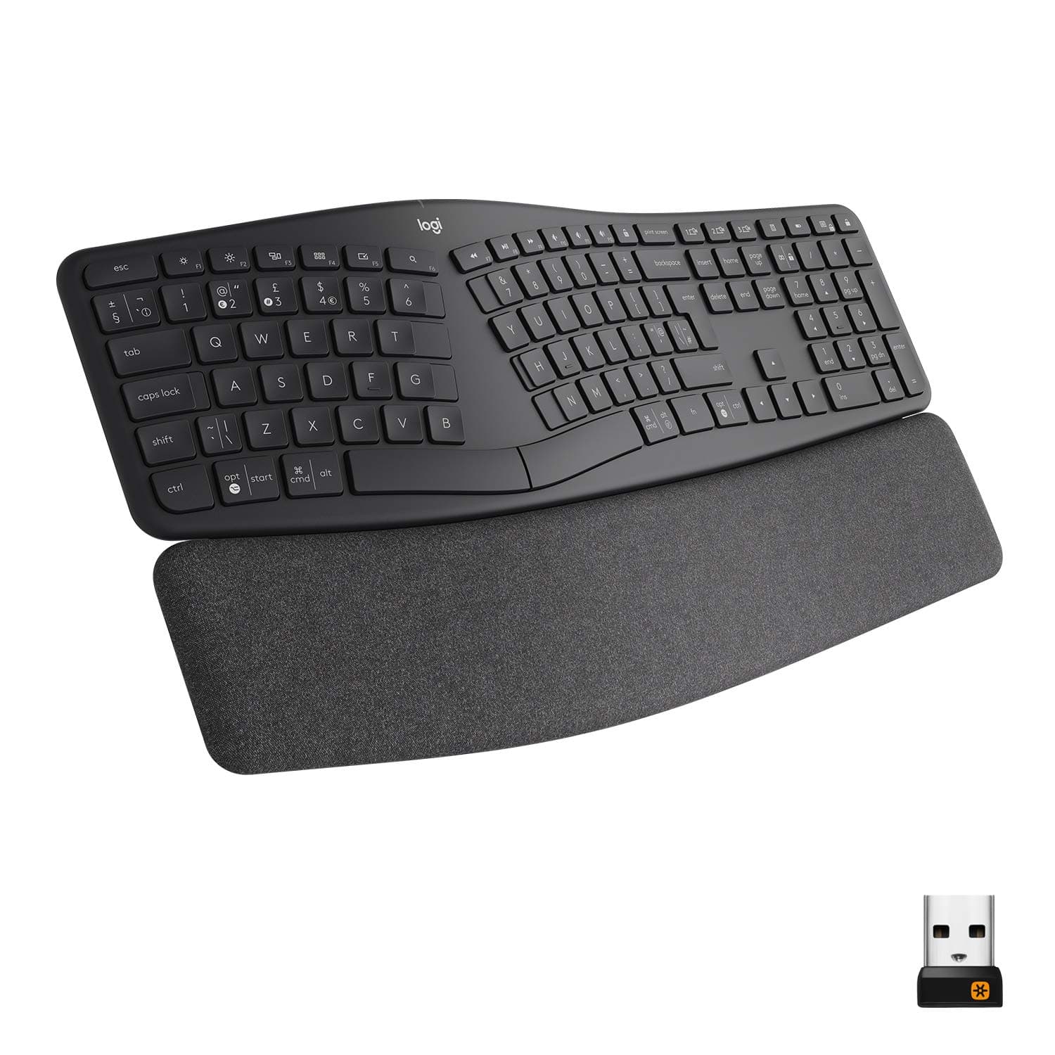 Logitech ERGO K860 Wireless Ergonomic Keyboard with Split Keyboard Layout, Wrist Rest Support, Natural Typing, Dark Grey, Stain-Resistant Fabric, Windows/Mac, Bluetooth, USB Receiver Included
