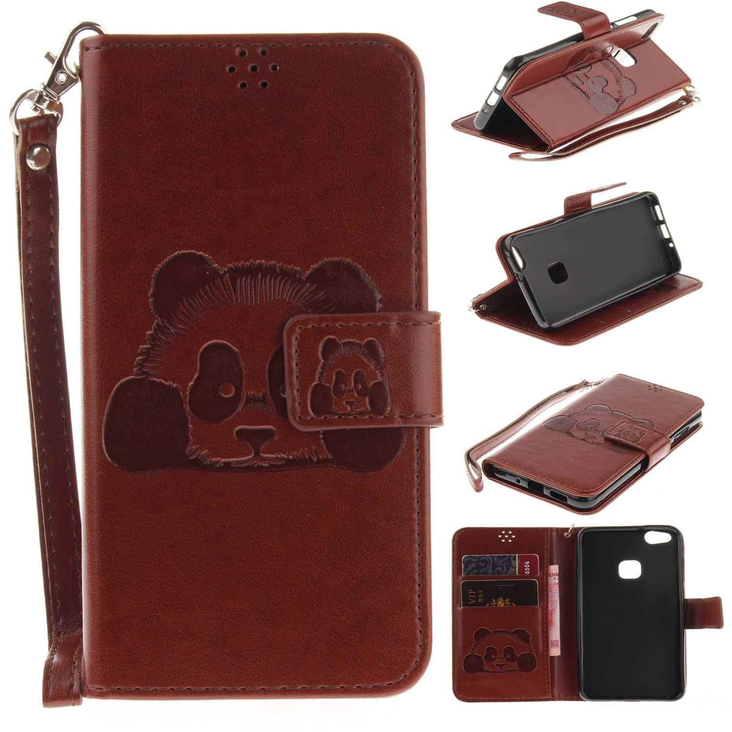 Huawei P10 Lite Case, CUSKING Panda Pattern Flip Stand Leather Wallet Case Magnetic Cover with Card Holder and Wrist Strap - Brown