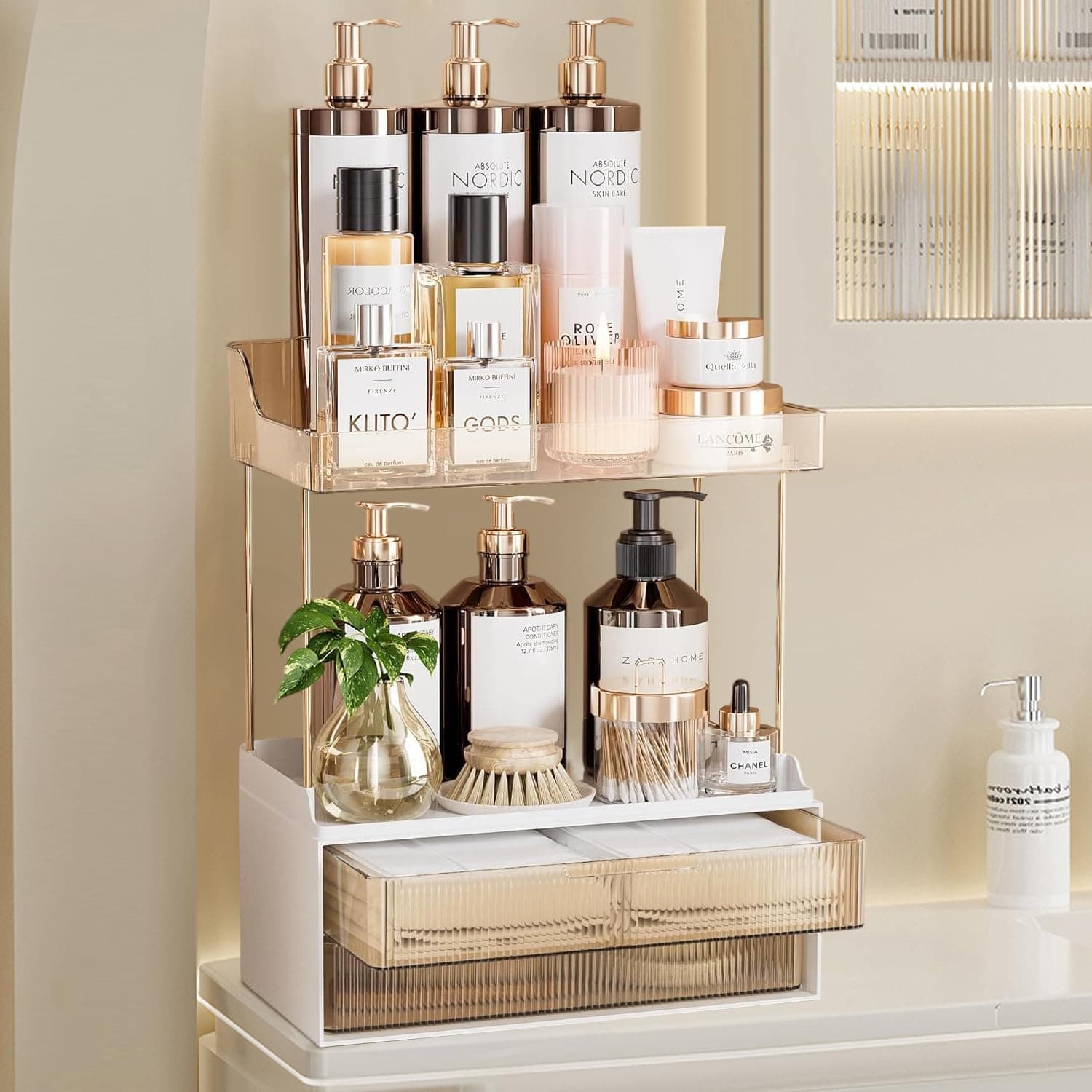 SPNOR Bathroom Counter Organizer 2-Tier 2-Drawer, Multi-Purpose Makeup Organizer Countertop,Large Skincare Organizers, Exquisite Vanity Organizer