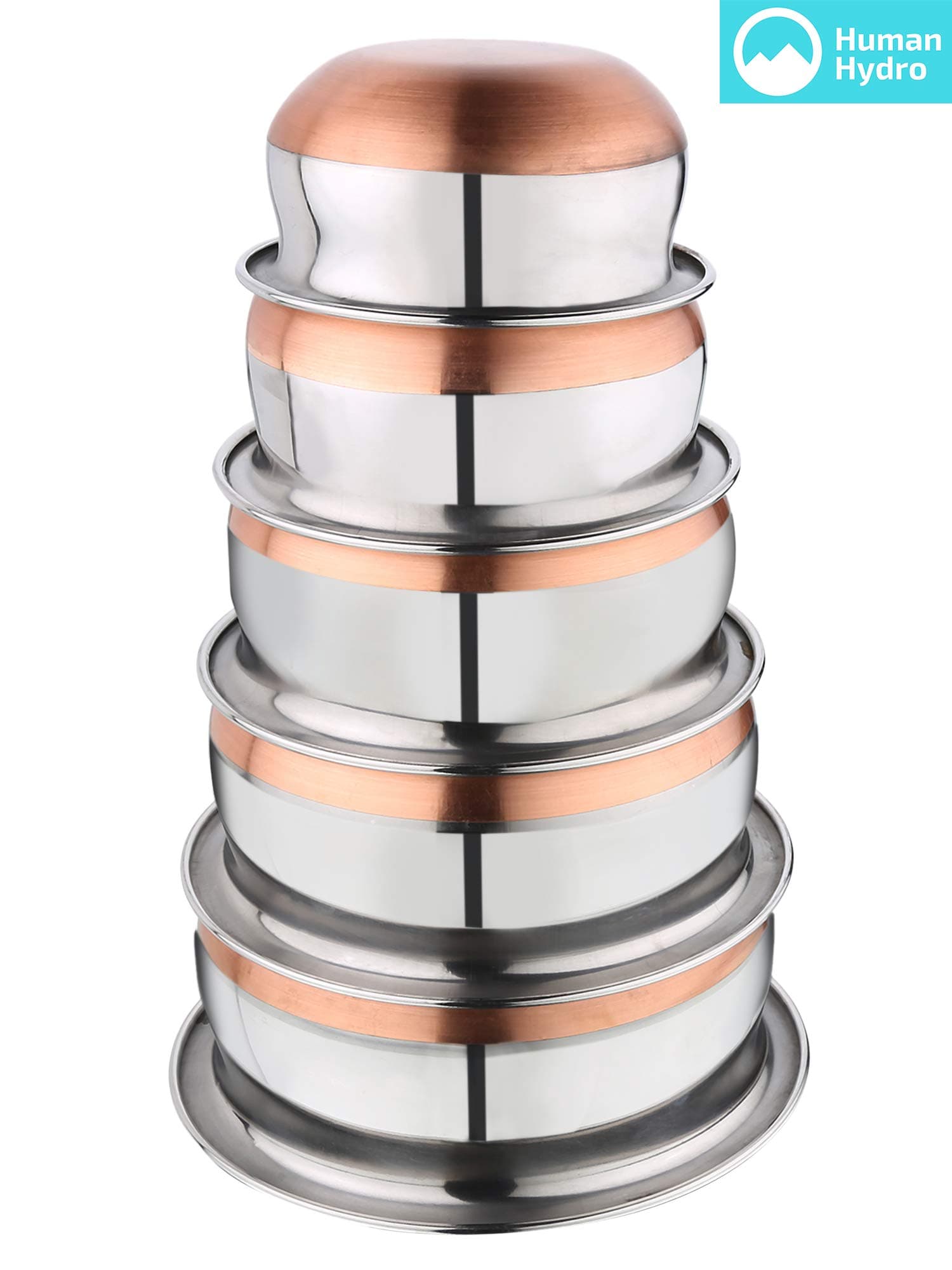 Human Hydro Steel With Copper Bottom Handi Set, 500 ML, 800 ML, 1000 ML, 1300 ML, 2 Liter, 5 Piece (Silver)