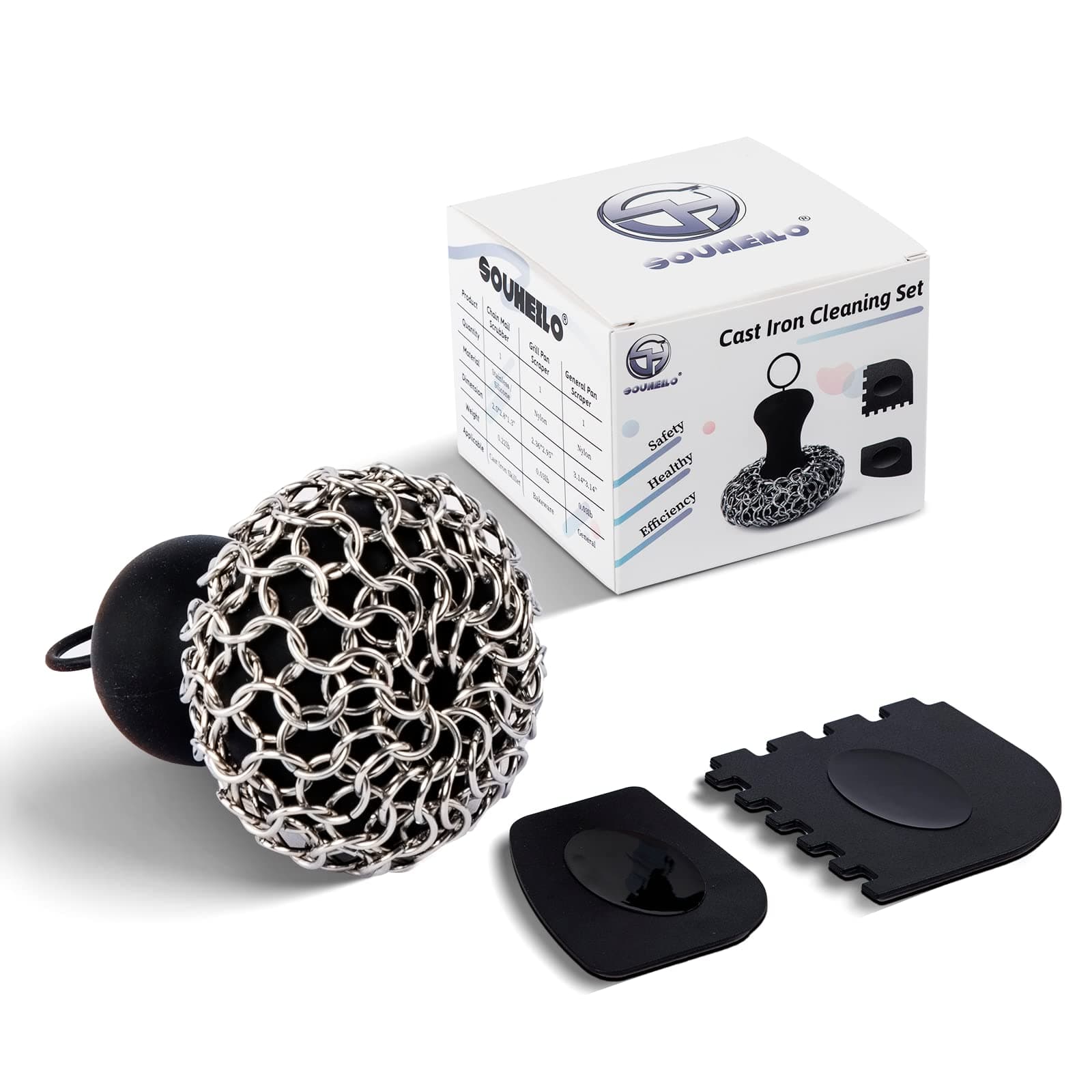 Cast Iron Cleaning Kit with Chainmail Scrubber & Pan Scraper, Upgraded Chainmail Scrubber with Ergonomic Grip, Dishwasher Safe Cast Iron Skillet Cleaner for Cast Iron Pans/Skillet/Dish/Pot by SOUHEILO