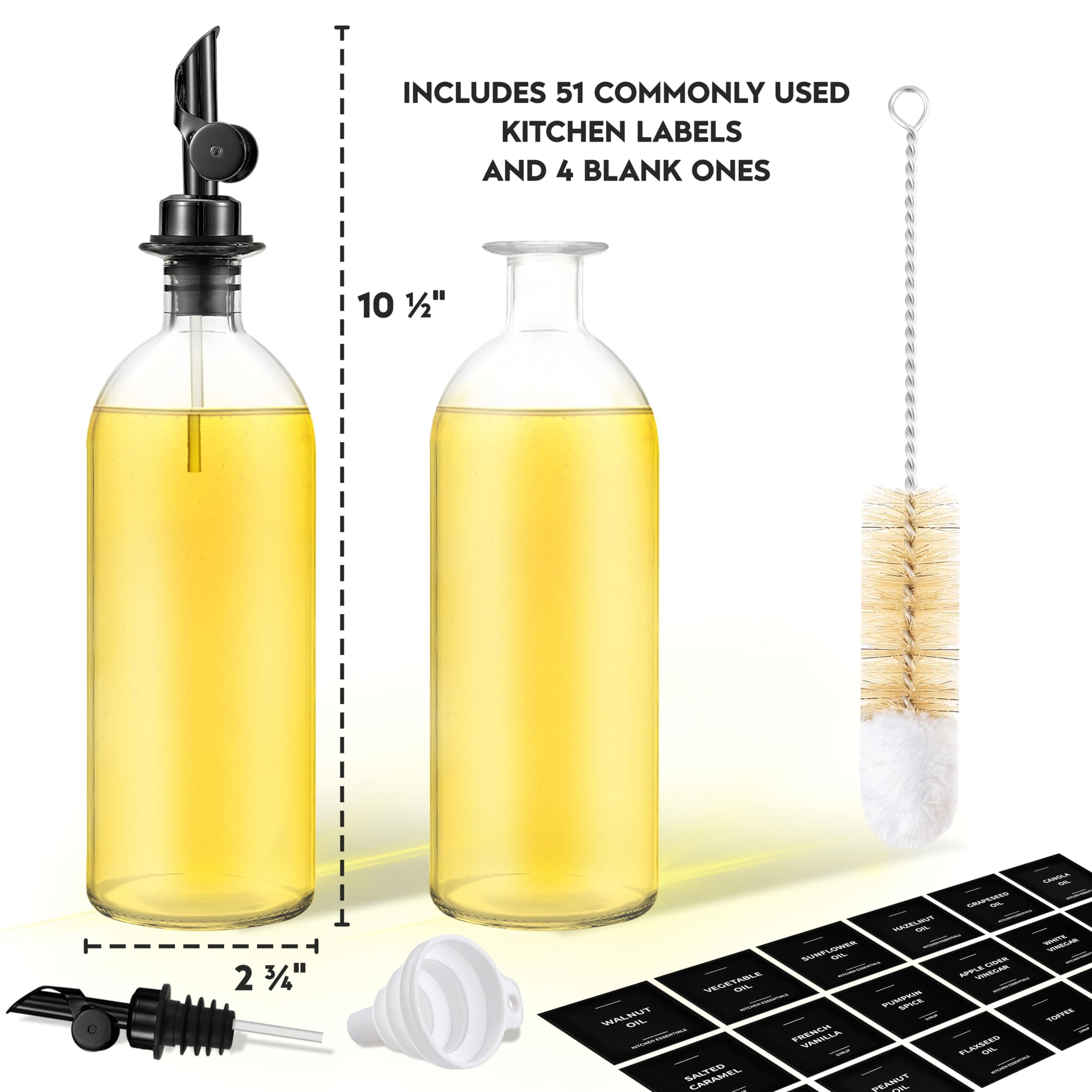 Olive Oil Dispenser Bottle - Includes 55 Kitchen Essential Labels - Cooking Oil Bottles for Kitchen, Coffee Syrup Dispenser - Pourer Spout with 16.9 fl oz Glass Container Cruet - 2pcs, Black