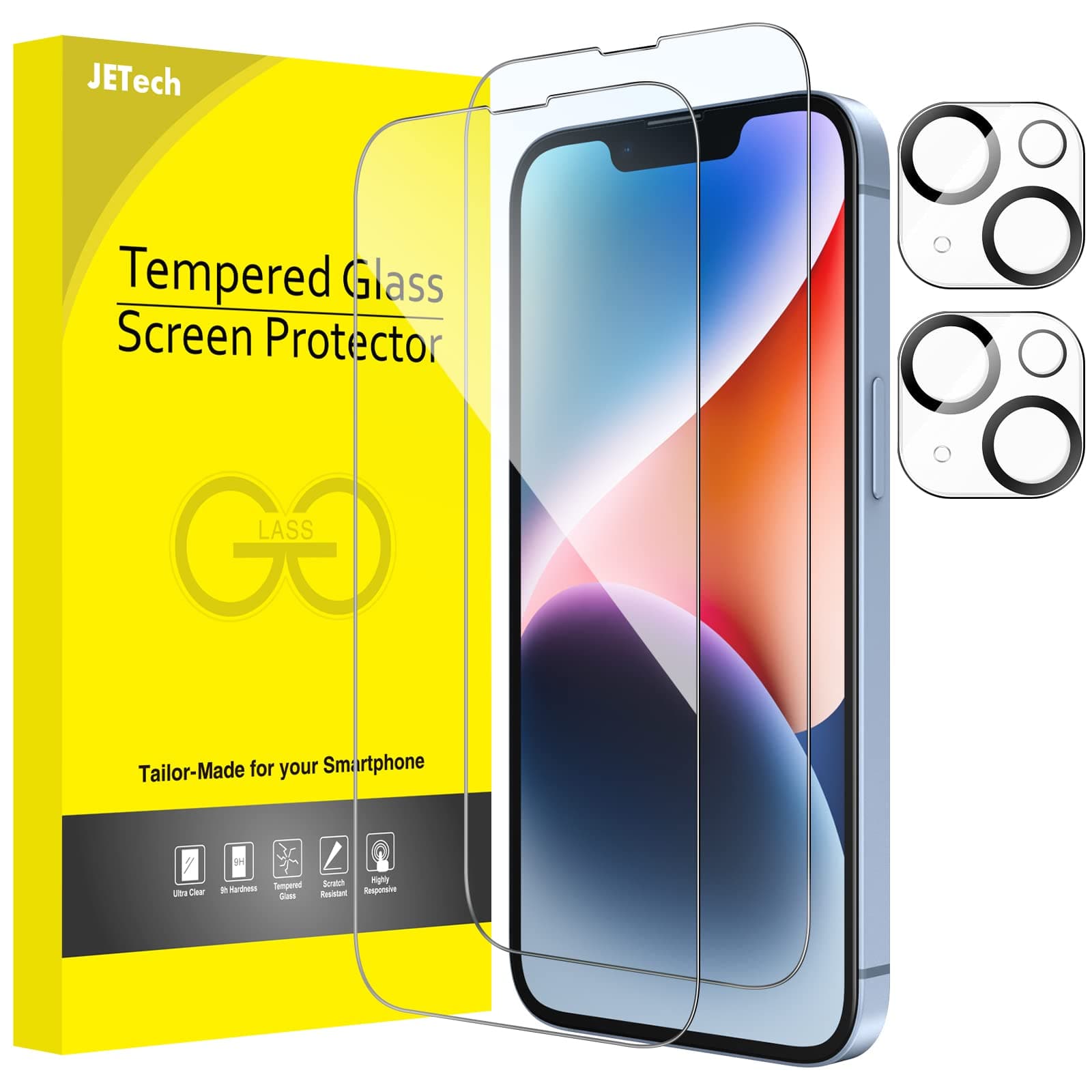 Full Coverage Screen Protector for iPhone 14 6.1-Inch with Camera Lens Protector, Tempered Glass Film, HD Clear, 2-Pack Each
