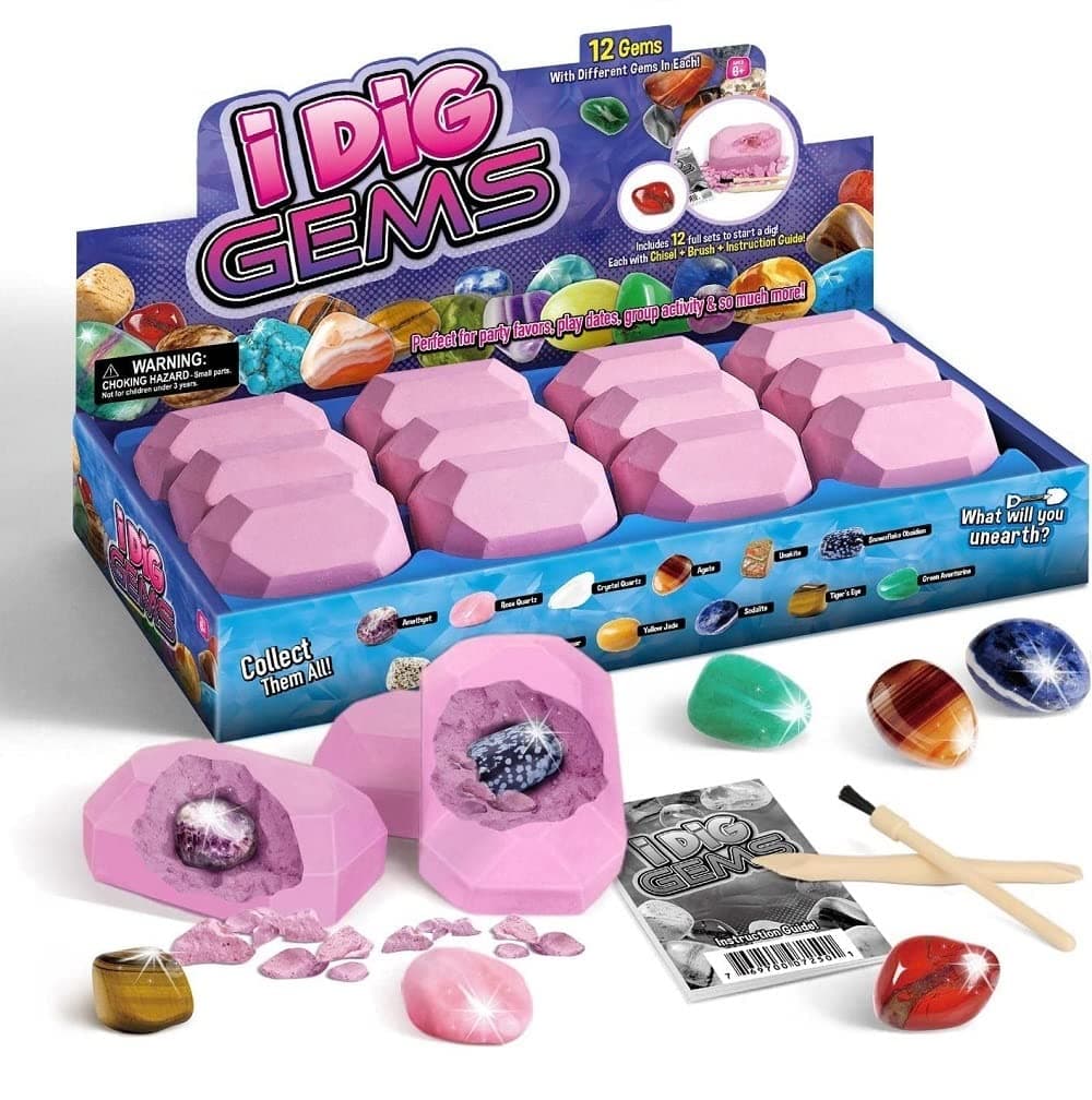 UKR I Dig Gems 12 pc Rocks Mining Gemstones Digging Kit Science Excavation Sets STEM Toys Kids 6 7 8 9 Year Old